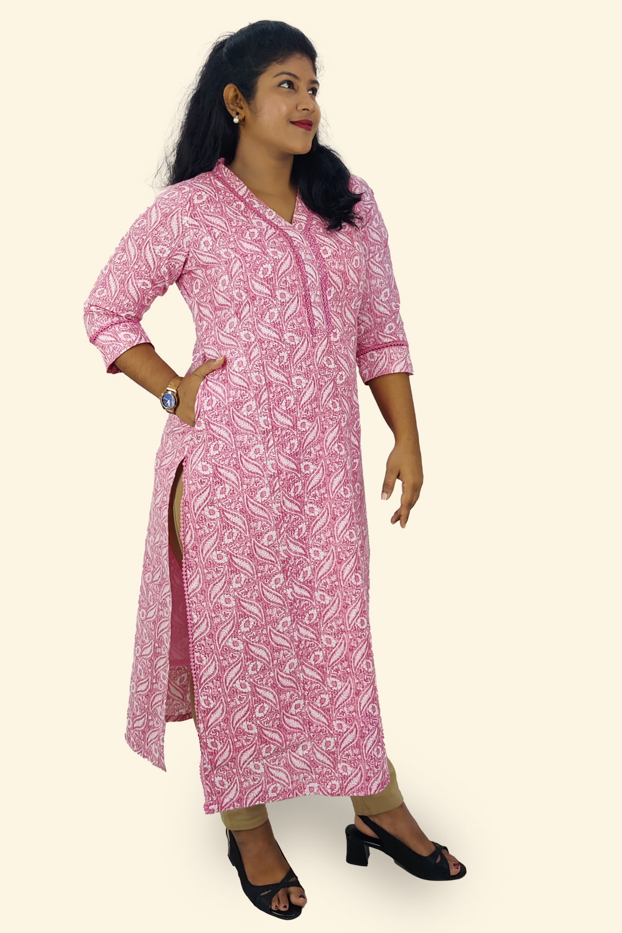 Cotton Kantha Printed Slitted Kurta