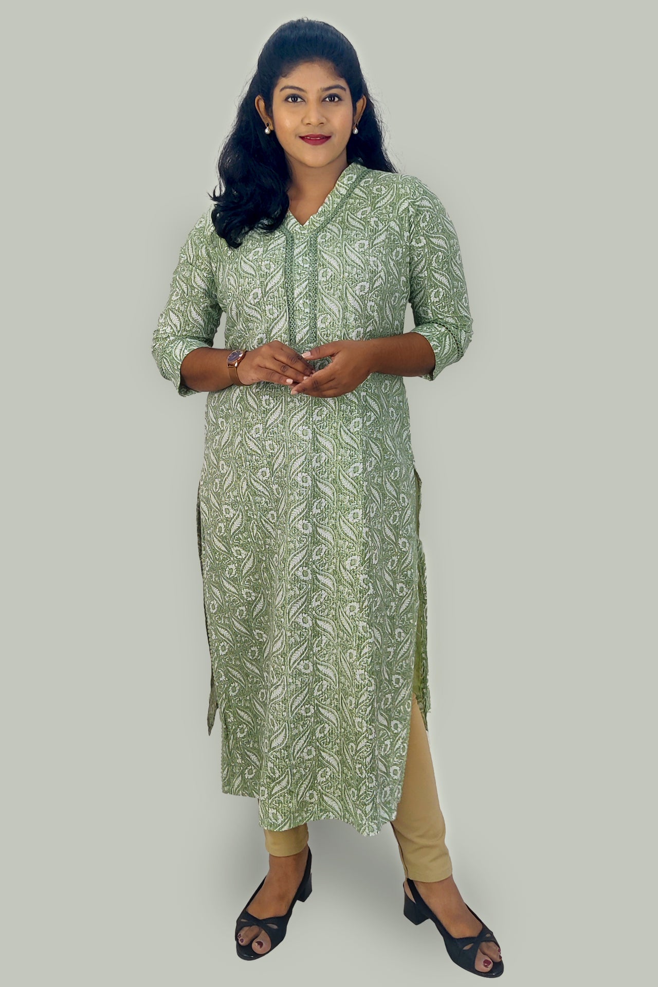 Cotton Kantha Printed Slitted Kurta