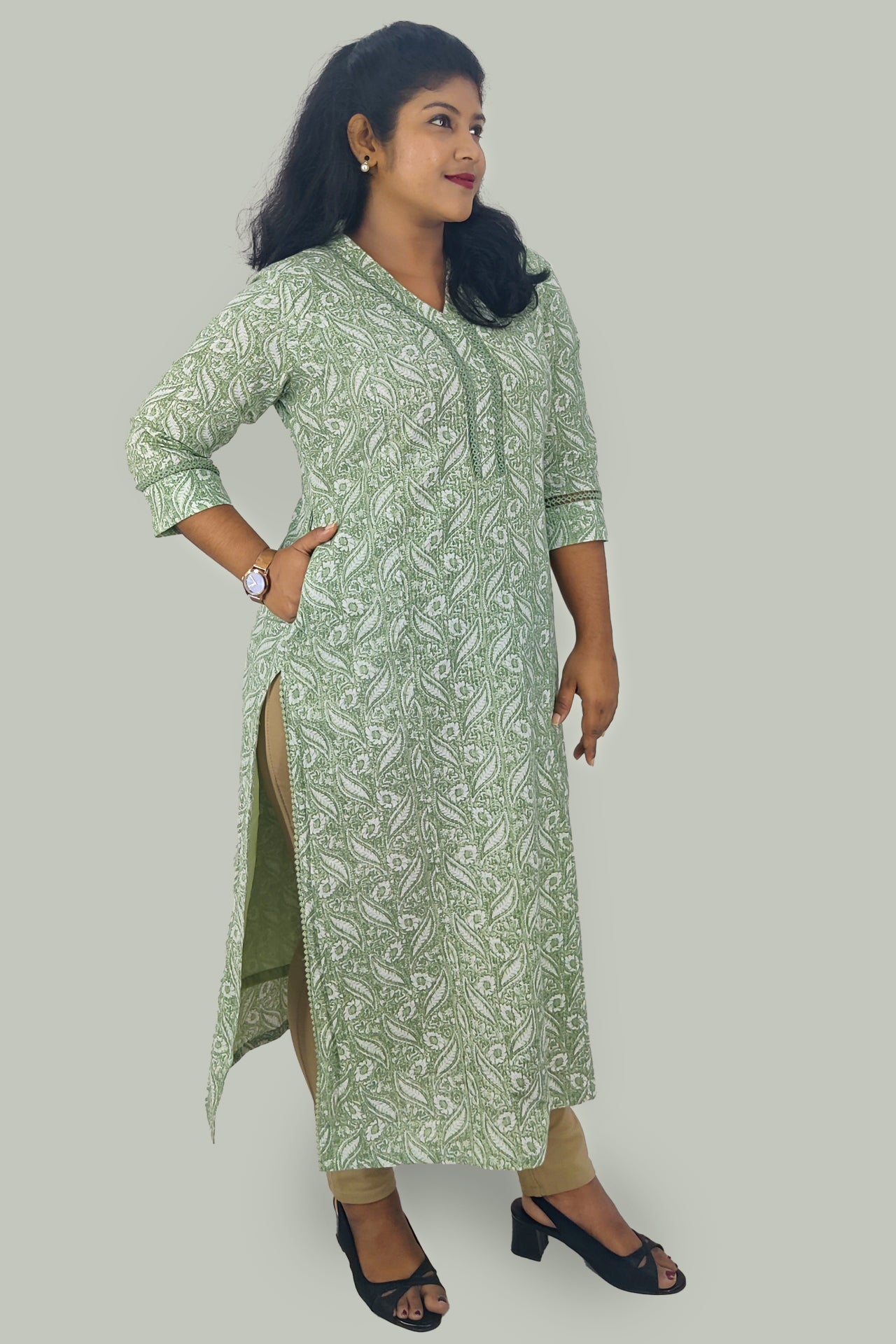 Cotton Kantha Printed Slitted Kurta