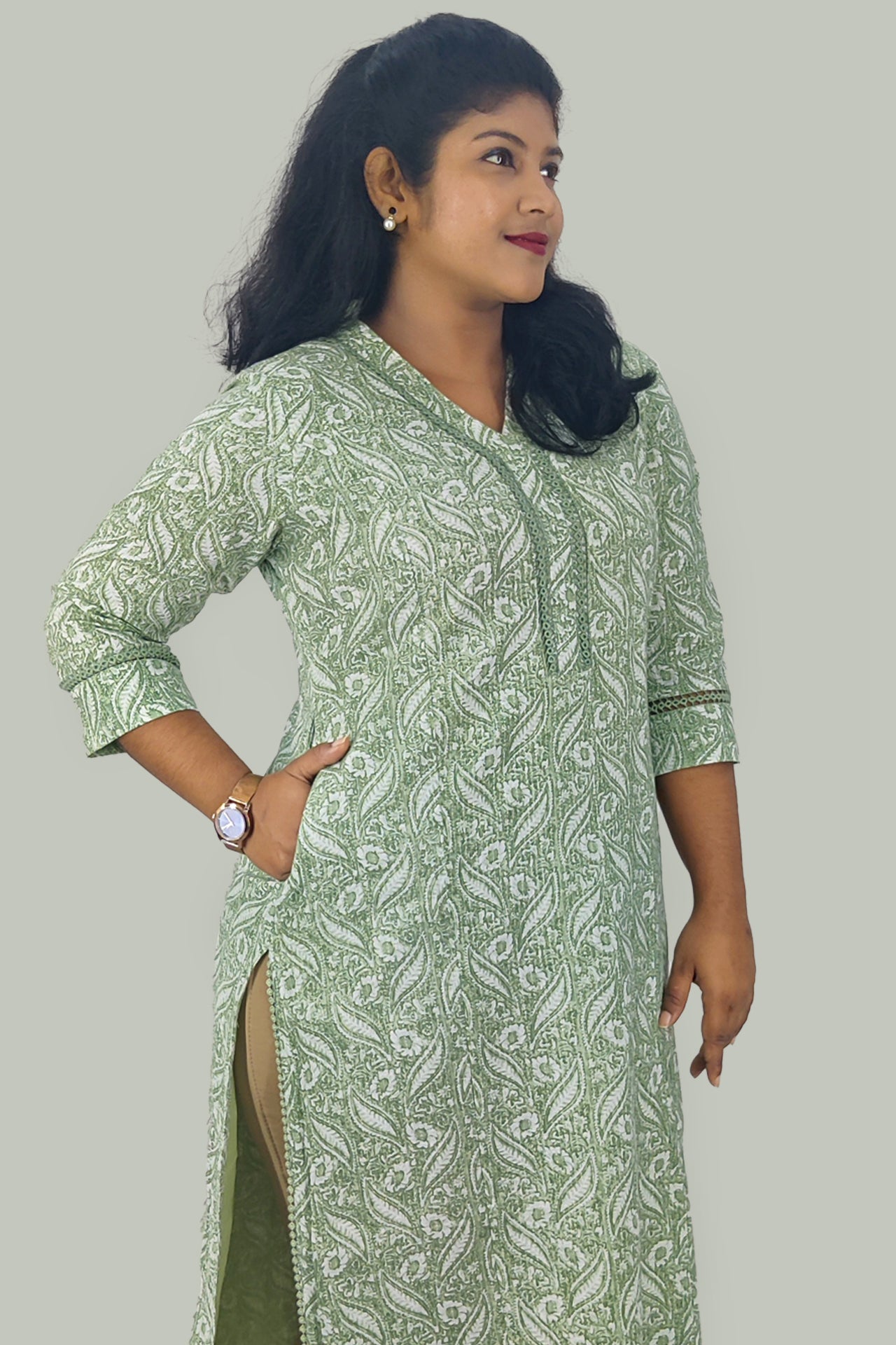 Cotton Kantha Printed Slitted Kurta