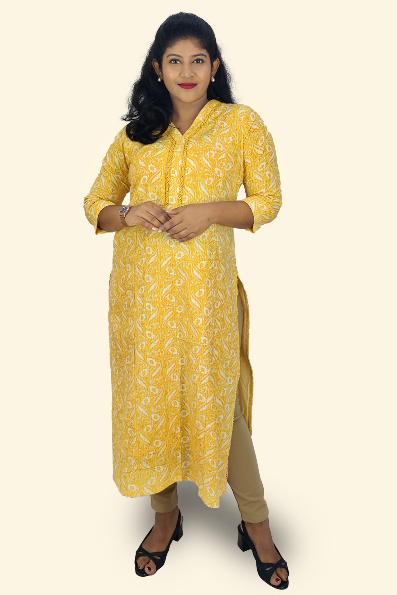 Cotton Kantha Printed Slitted Kurta