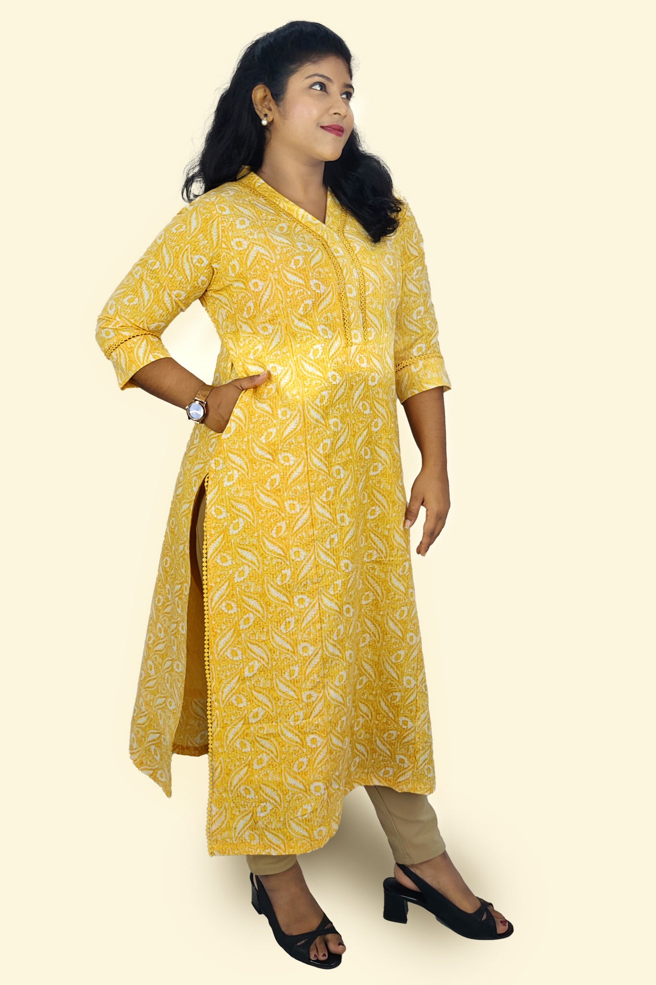 Cotton Kantha Printed Slitted Kurta