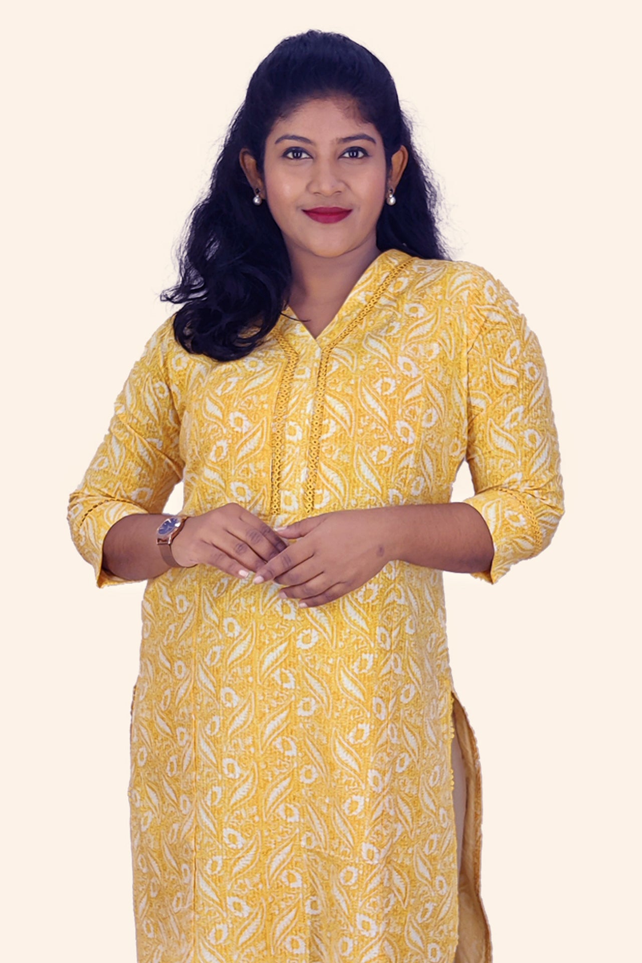 Cotton Kantha Printed Slitted Kurta