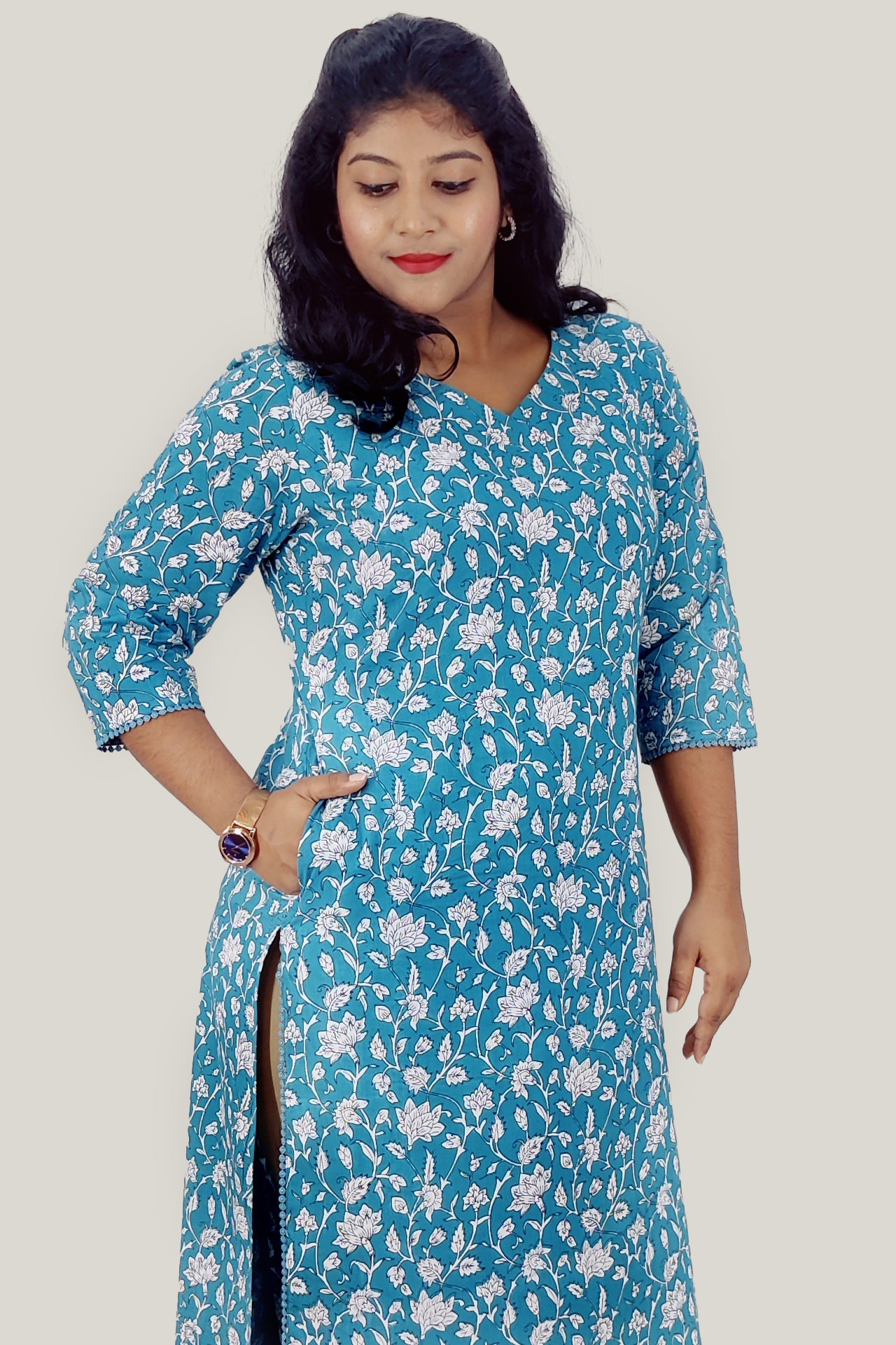 Cotton Floral Printed Slitted Kurta