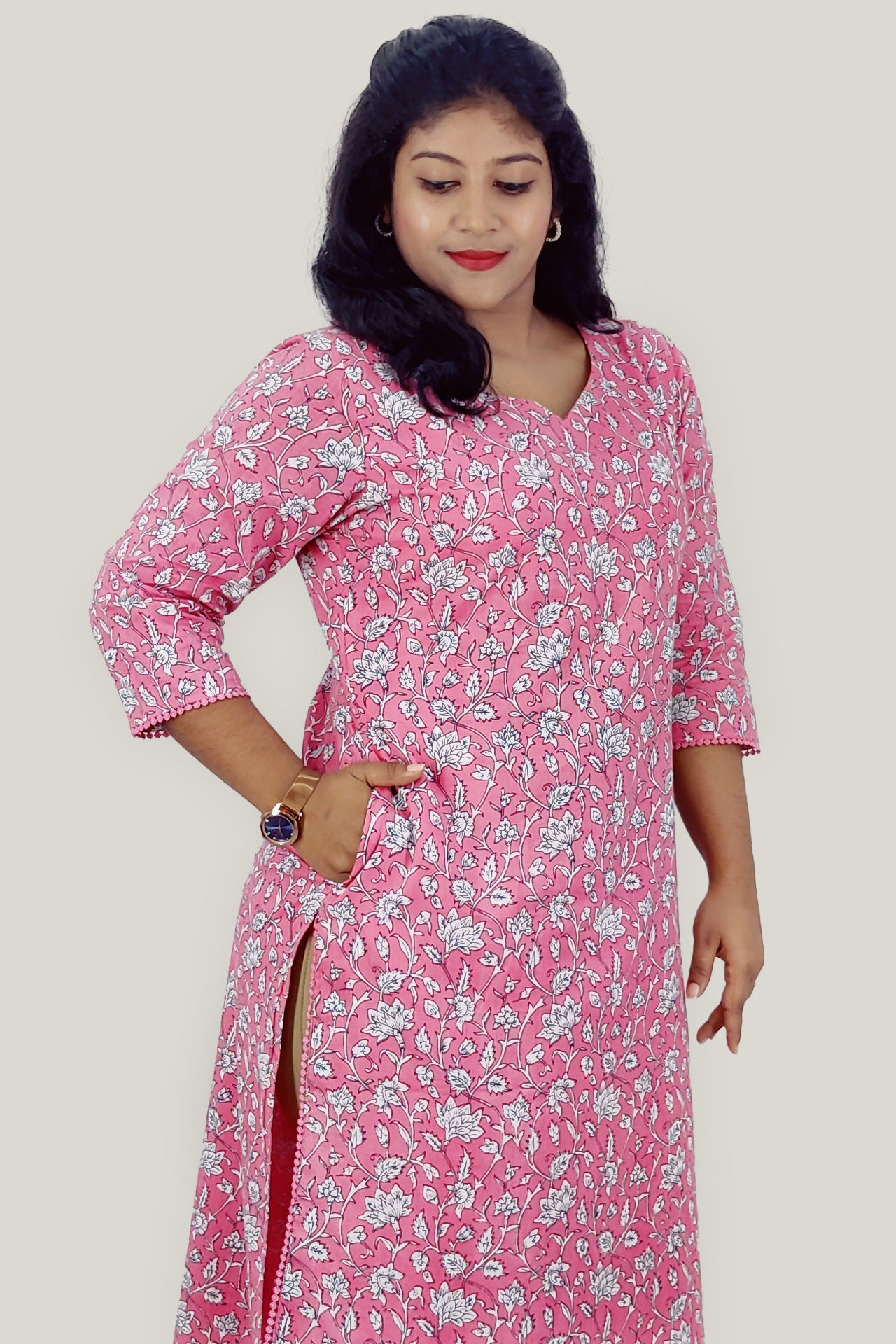 Cotton Floral Printed Slitted Kurta