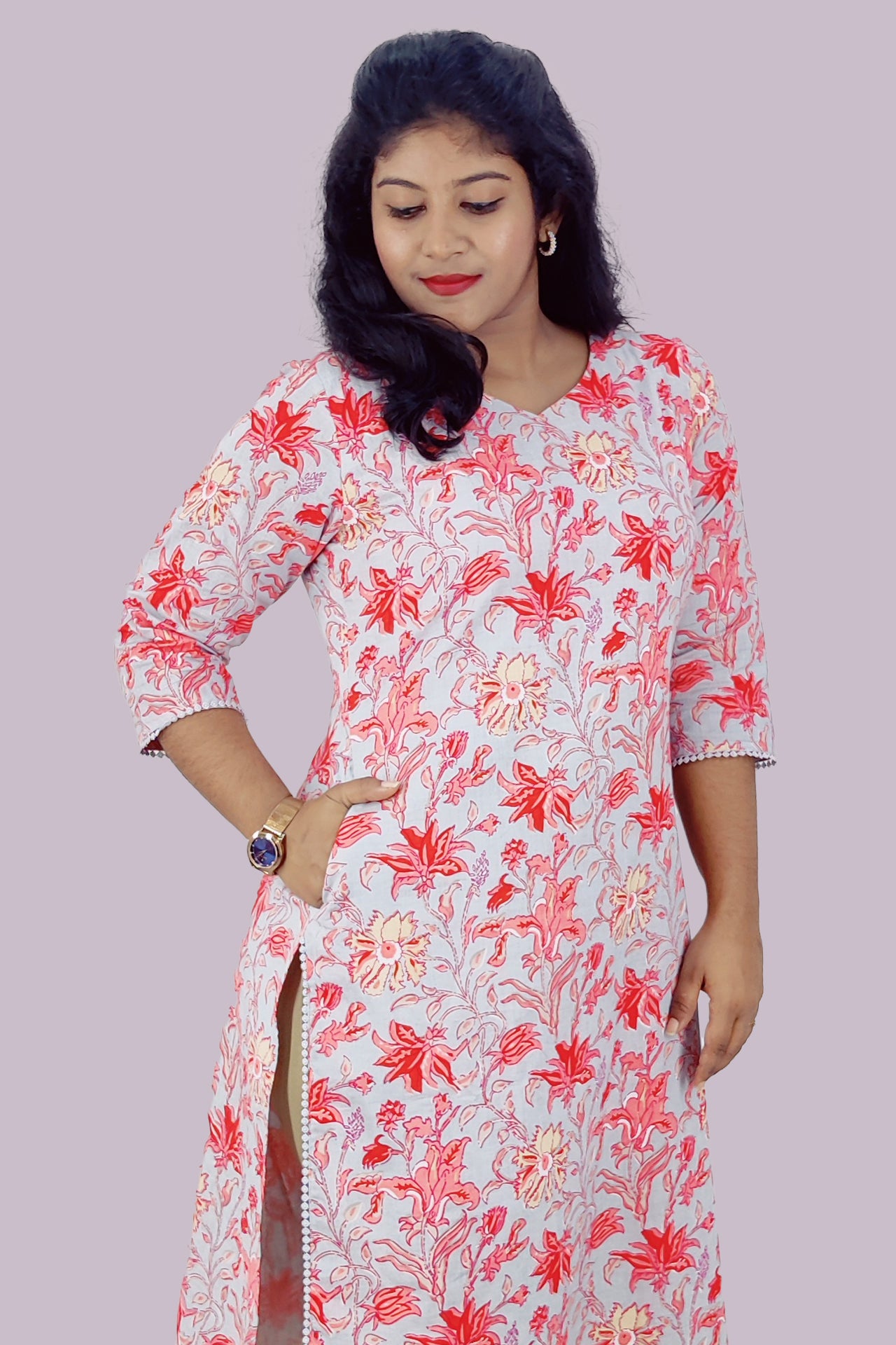 Cotton Floral Printed Slitted Kurta