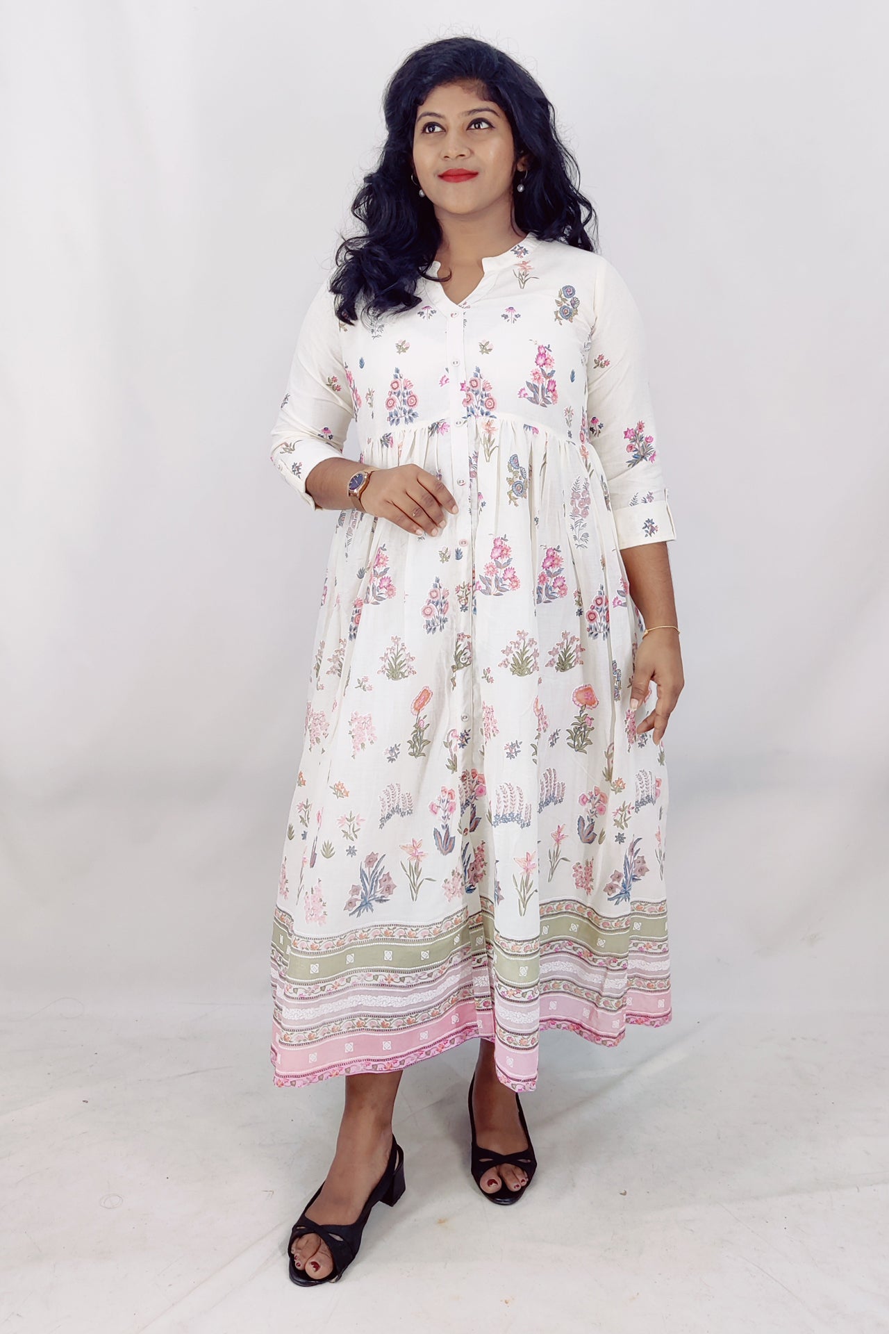 Mul Cotton Floral Print Flared Kurta