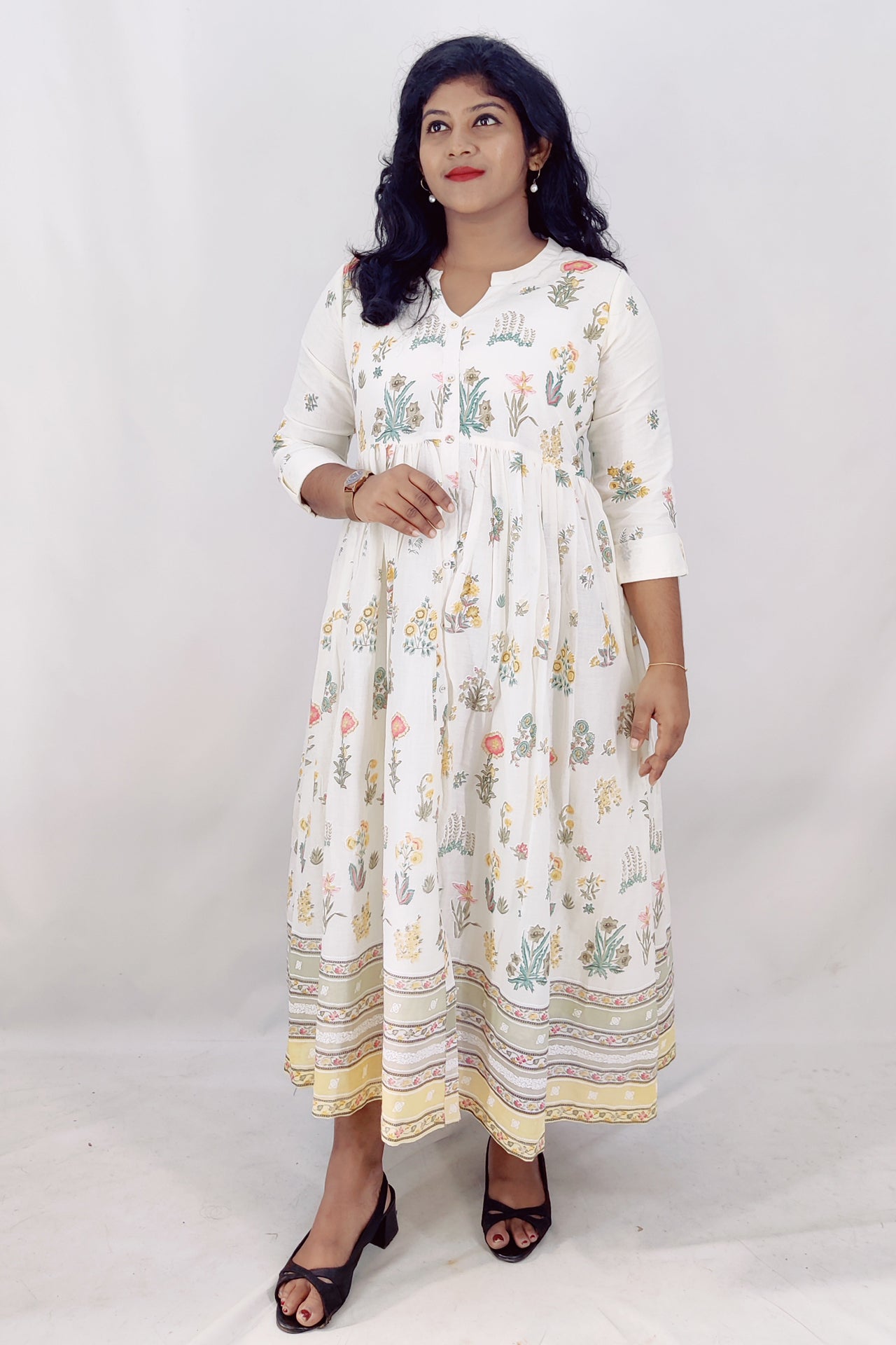 Mul Cotton Floral Print Flared Kurta