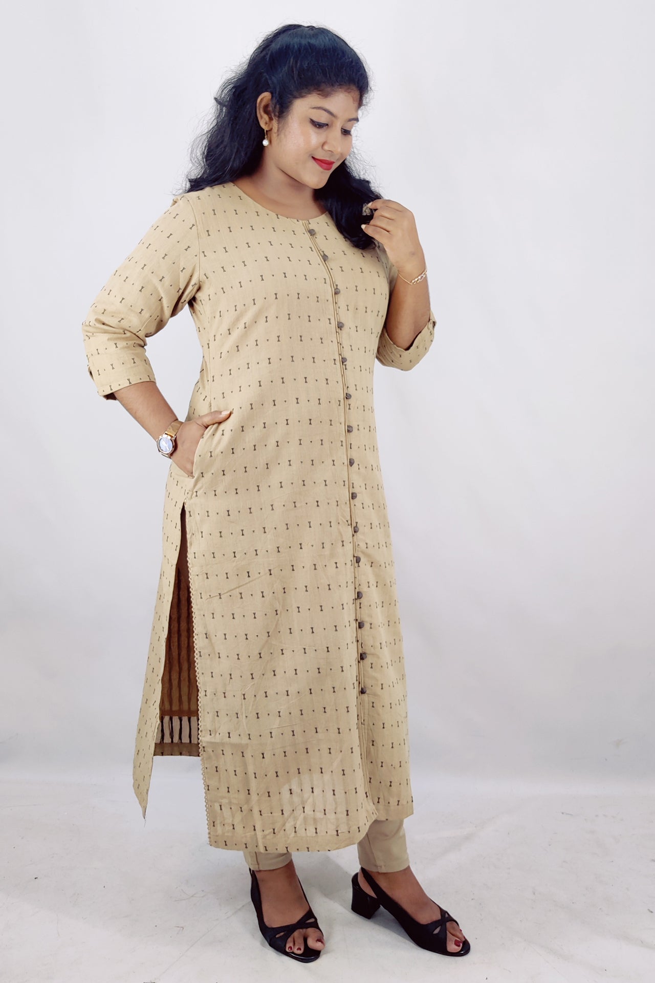 Cotton Self Designed Slitted Kurta