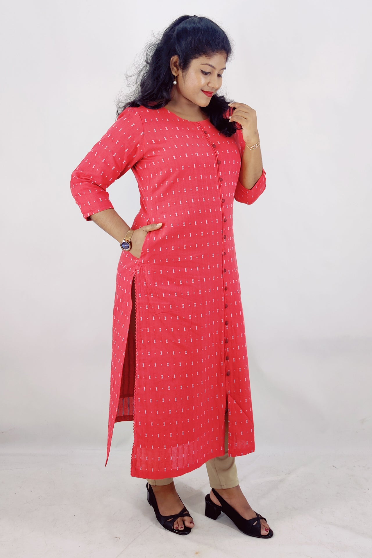 Cotton Self Designed Slitted Kurta