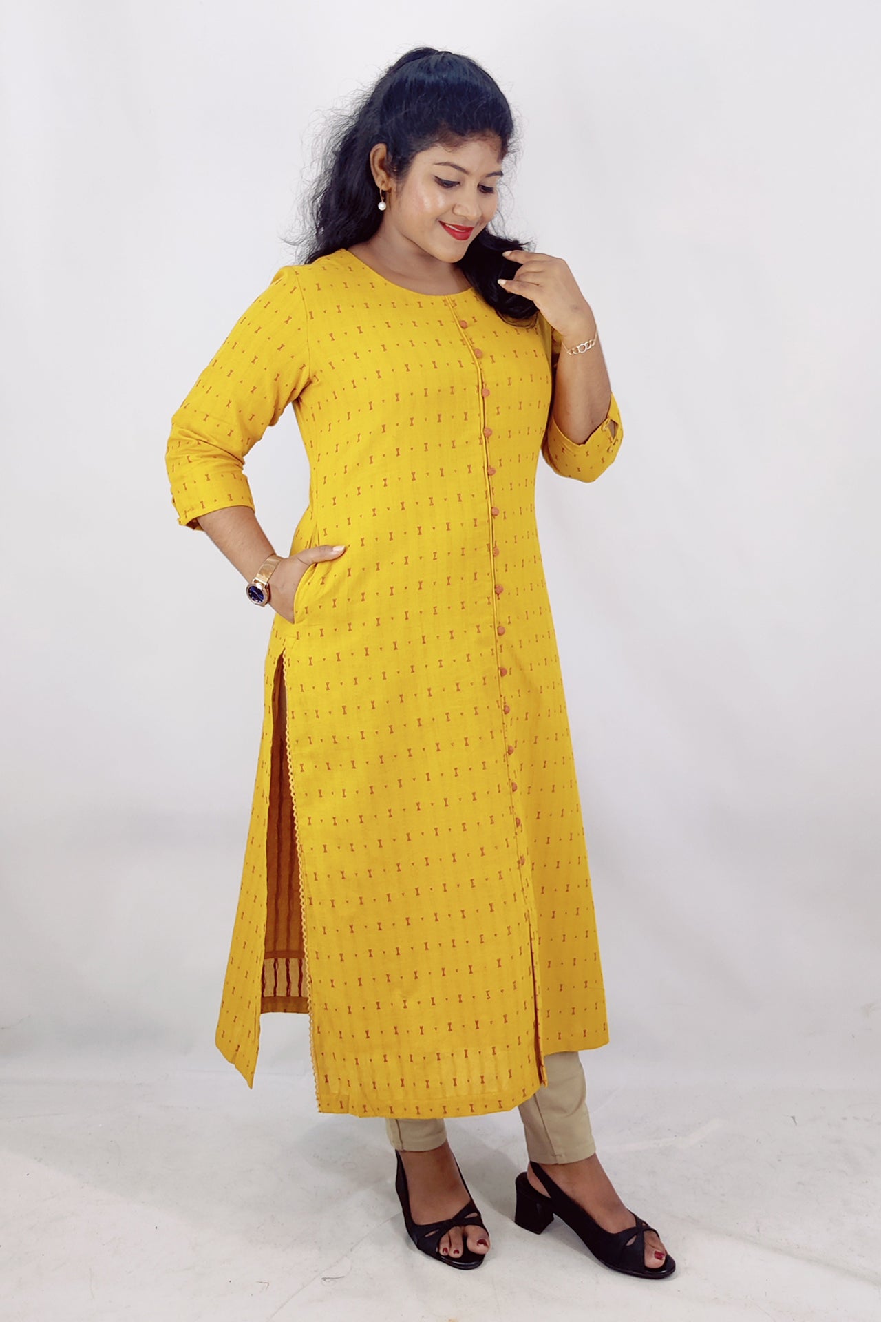 Cotton Self Designed Slitted Kurta