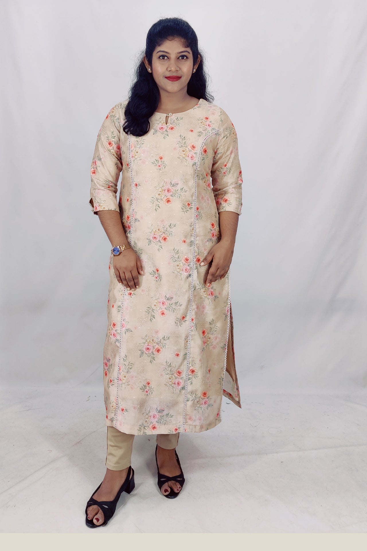 Chanderi Floral Print Princess Cut Slitted Kurta