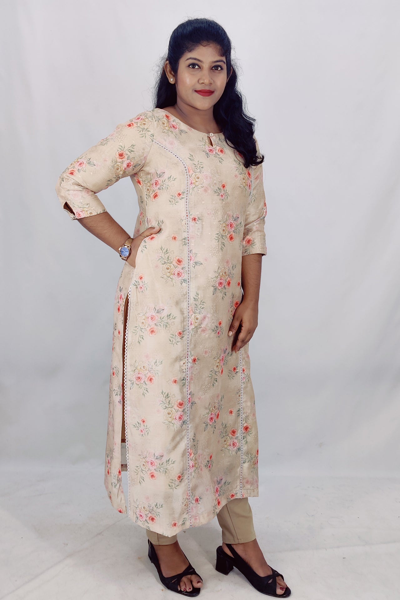 Chanderi Floral Print Princess Cut Slitted Kurta