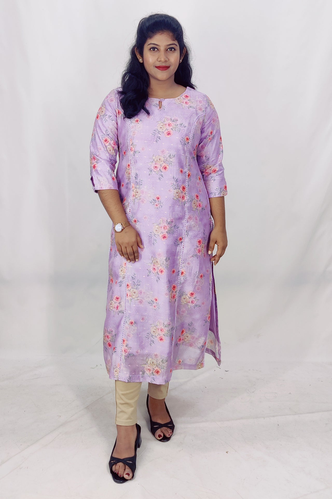 Chanderi Floral Print Princess Cut Slitted Kurta