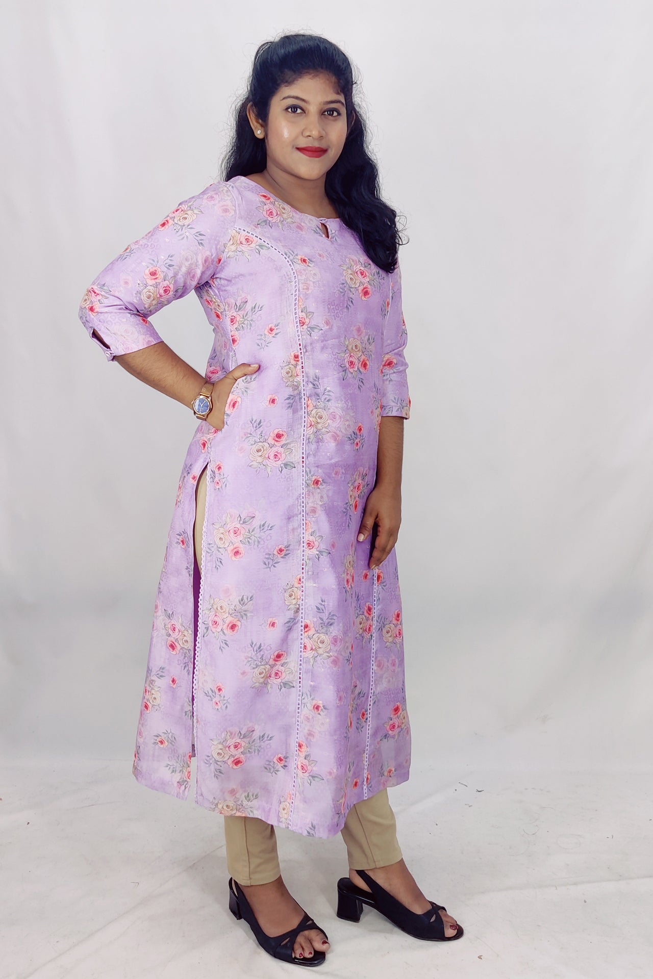 Chanderi Floral Print Princess Cut Slitted Kurta