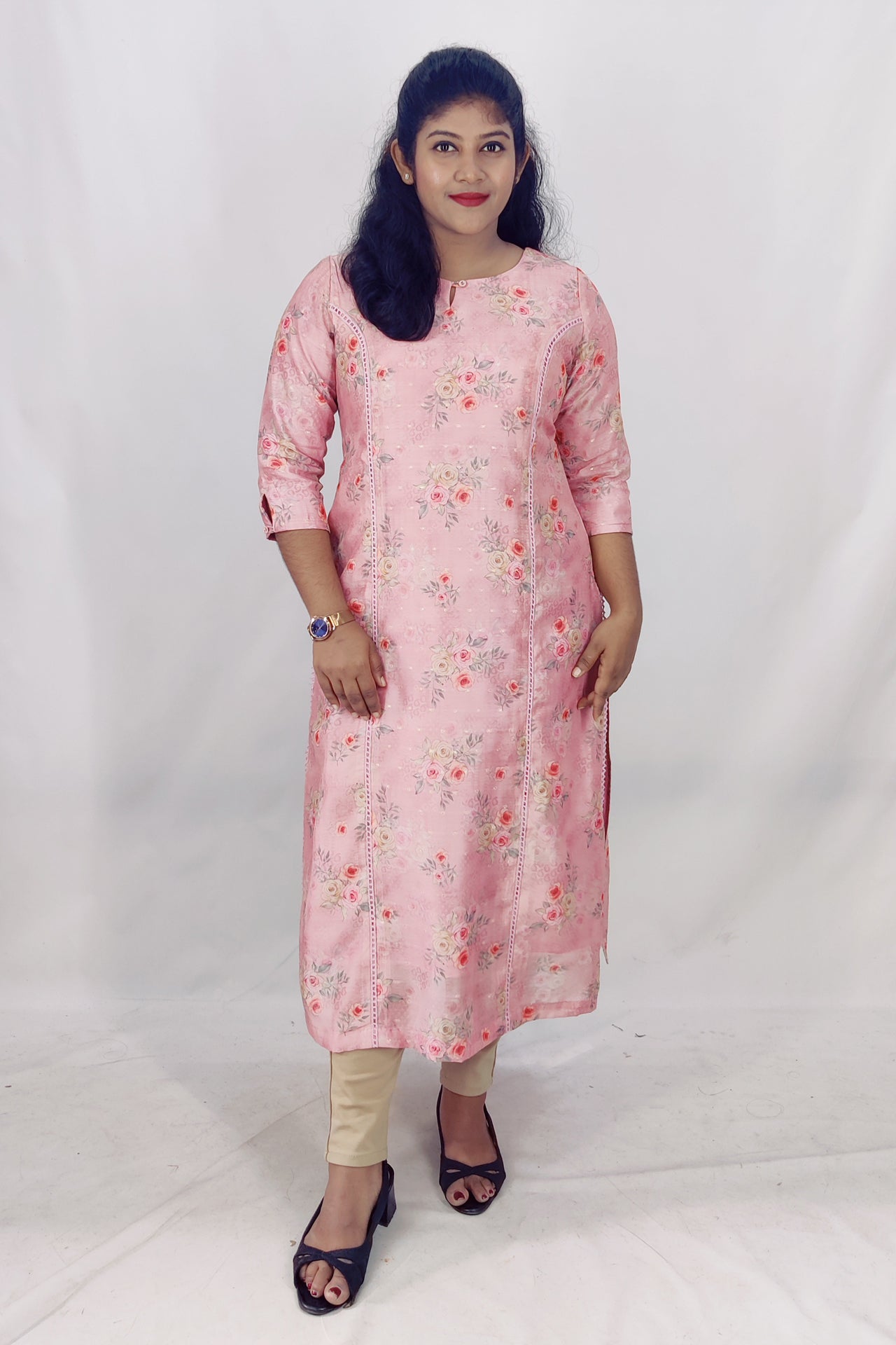 Chanderi Floral Print Princess Cut Slitted Kurta