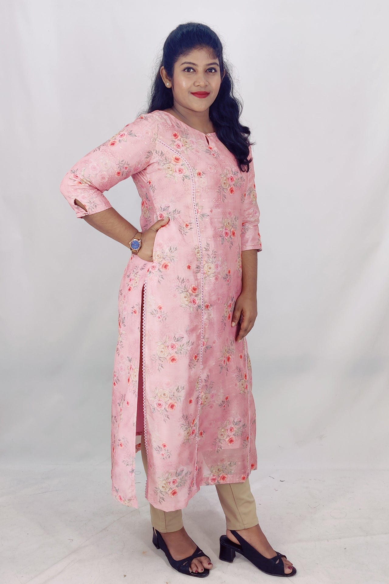 Chanderi Floral Print Princess Cut Slitted Kurta