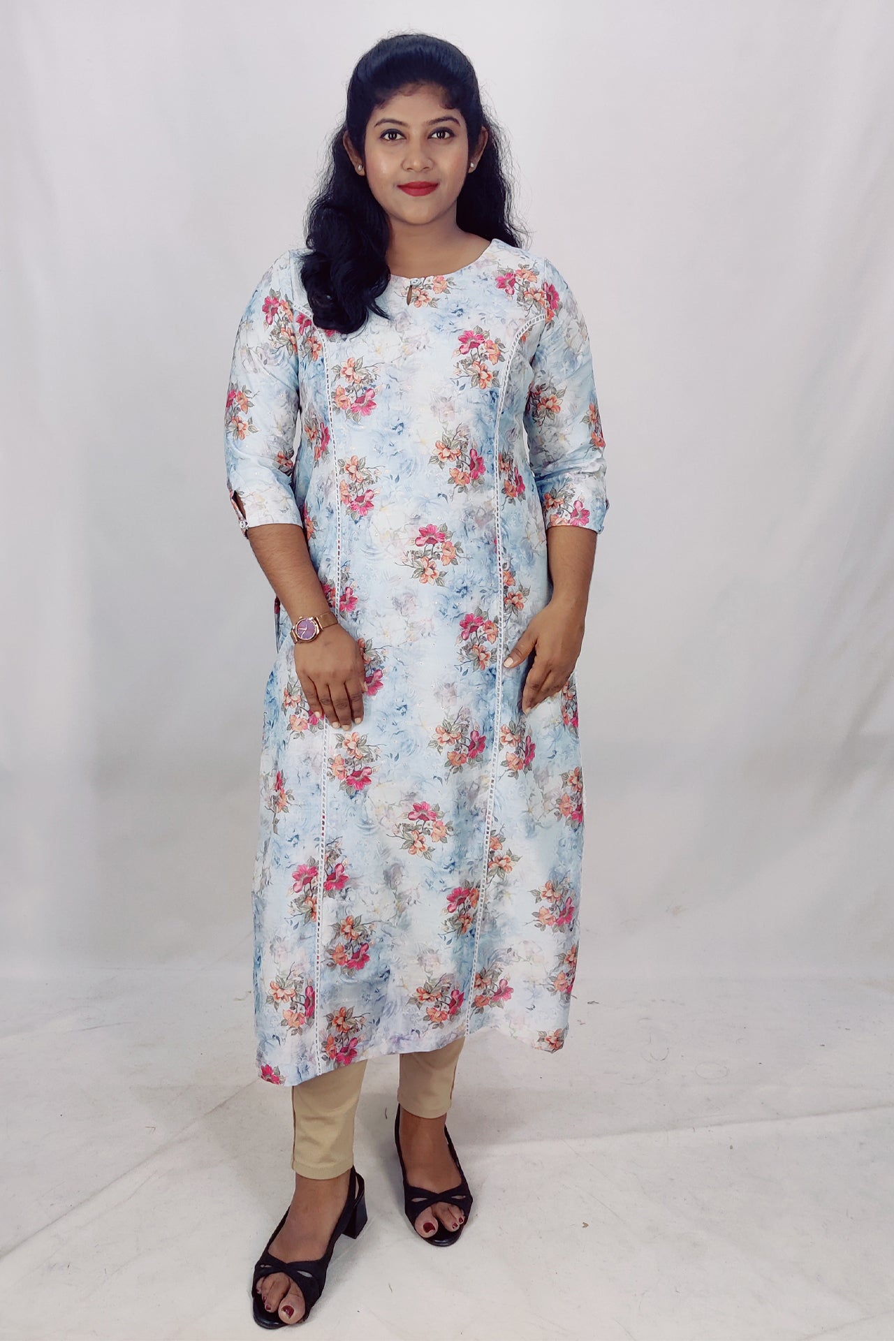 Chanderi Floral Print Princess Cut Slitted Kurta