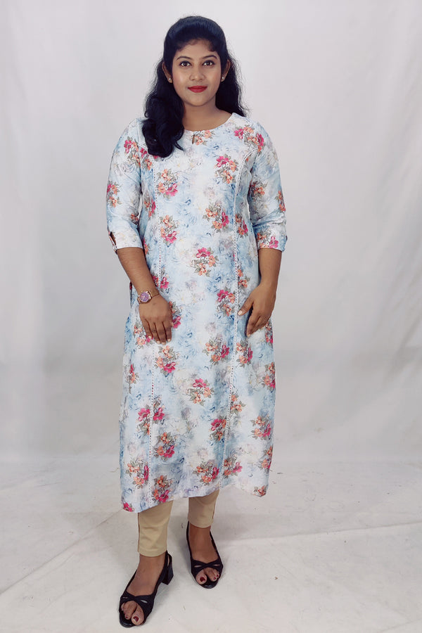 Chanderi Floral Print Princess Cut Slitted Kurta