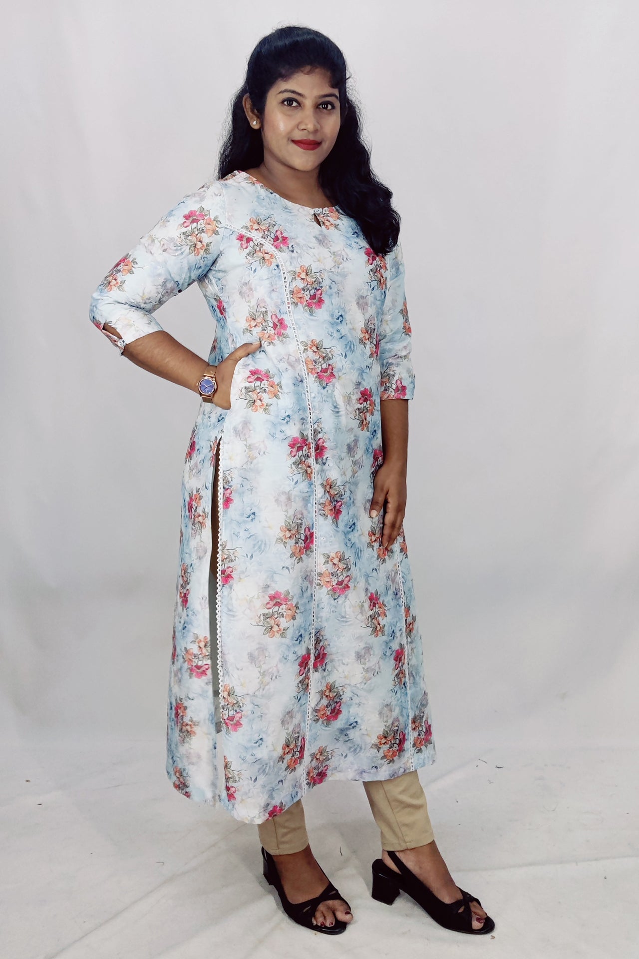 Chanderi Floral Print Princess Cut Slitted Kurta