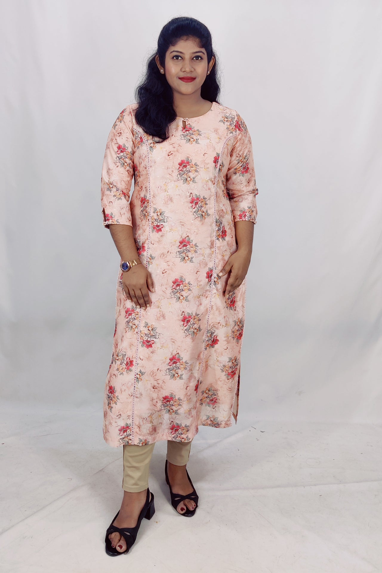 Chanderi Floral Print Princess Cut Slitted Kurta