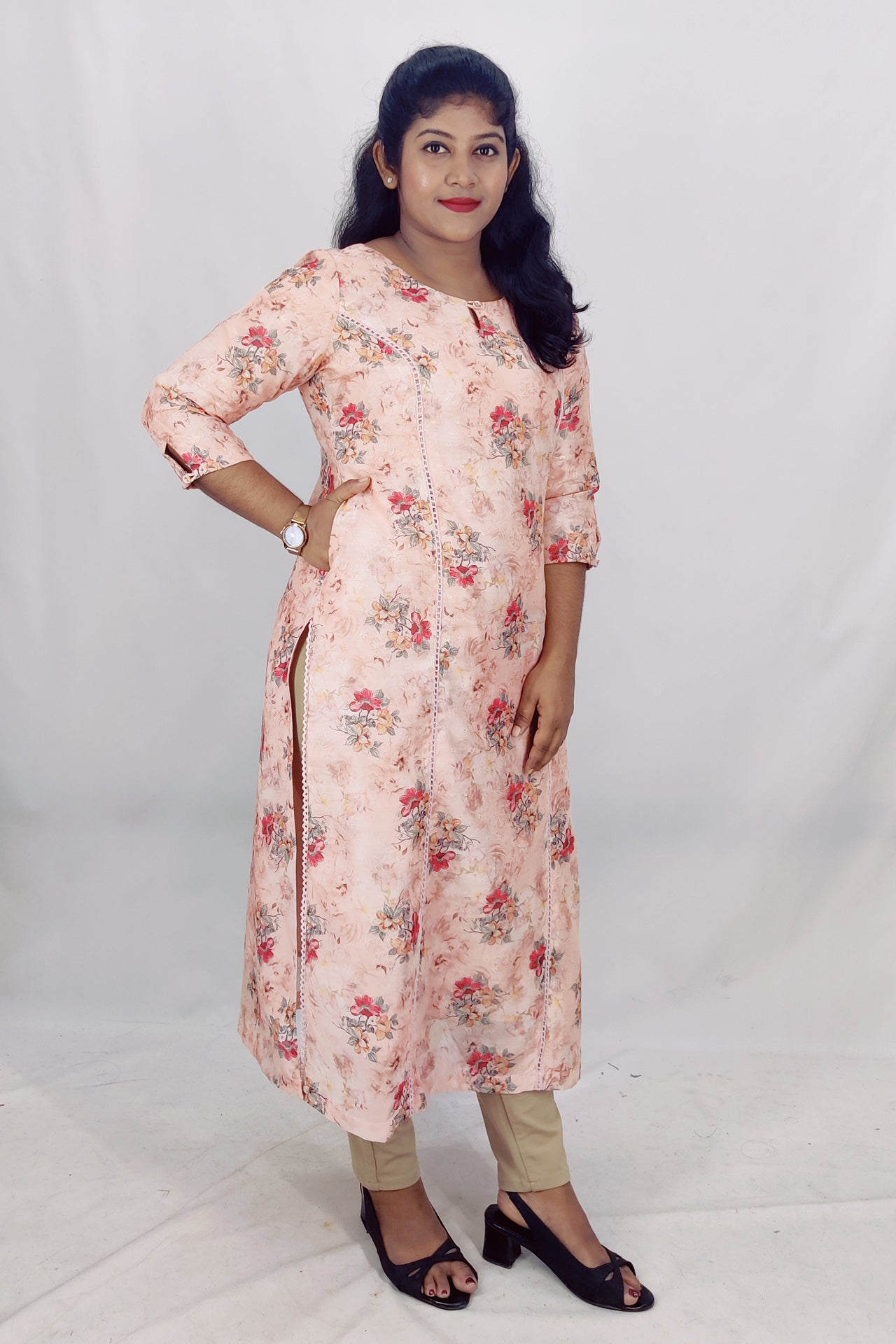 Chanderi Floral Print Princess Cut Slitted Kurta