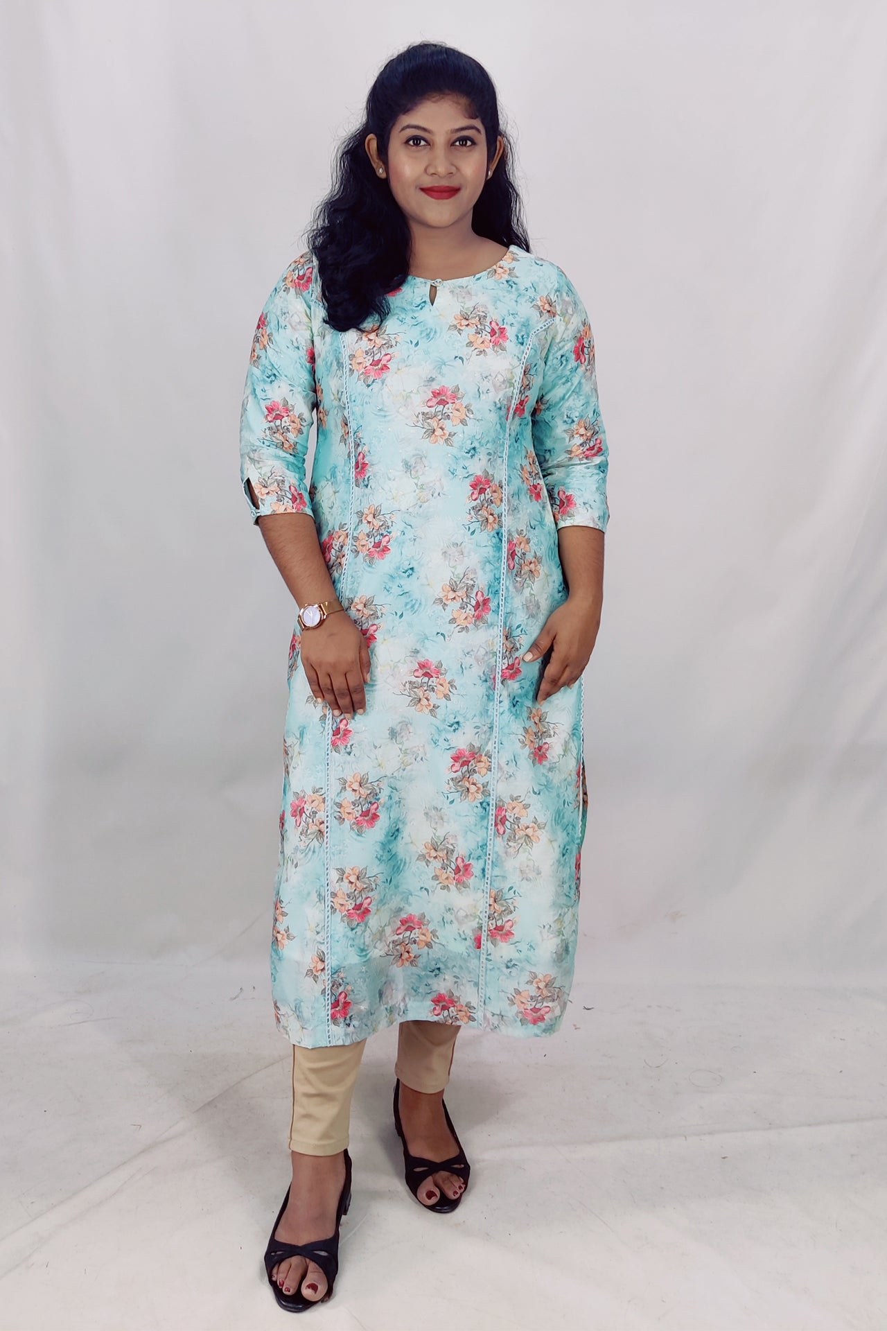 Chanderi Floral Print Princess Cut Slitted Kurta