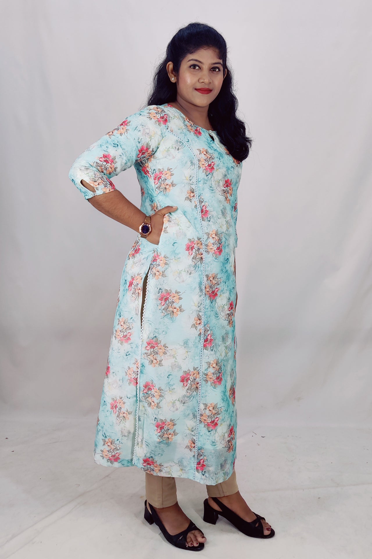 Chanderi Floral Print Princess Cut Slitted Kurta