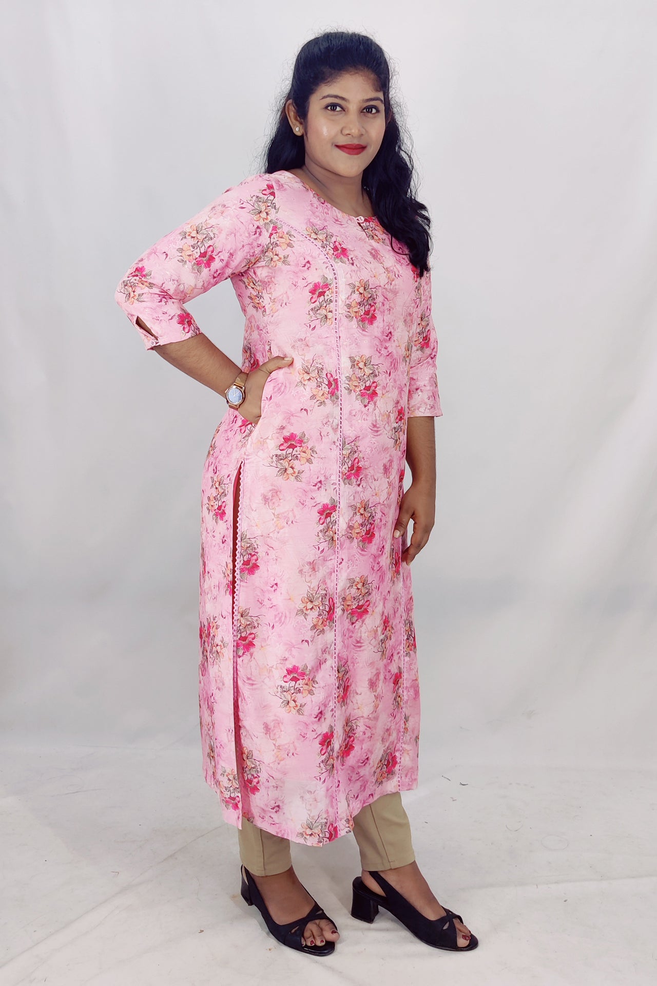 Chanderi Floral Print Princess Cut Slitted Kurta