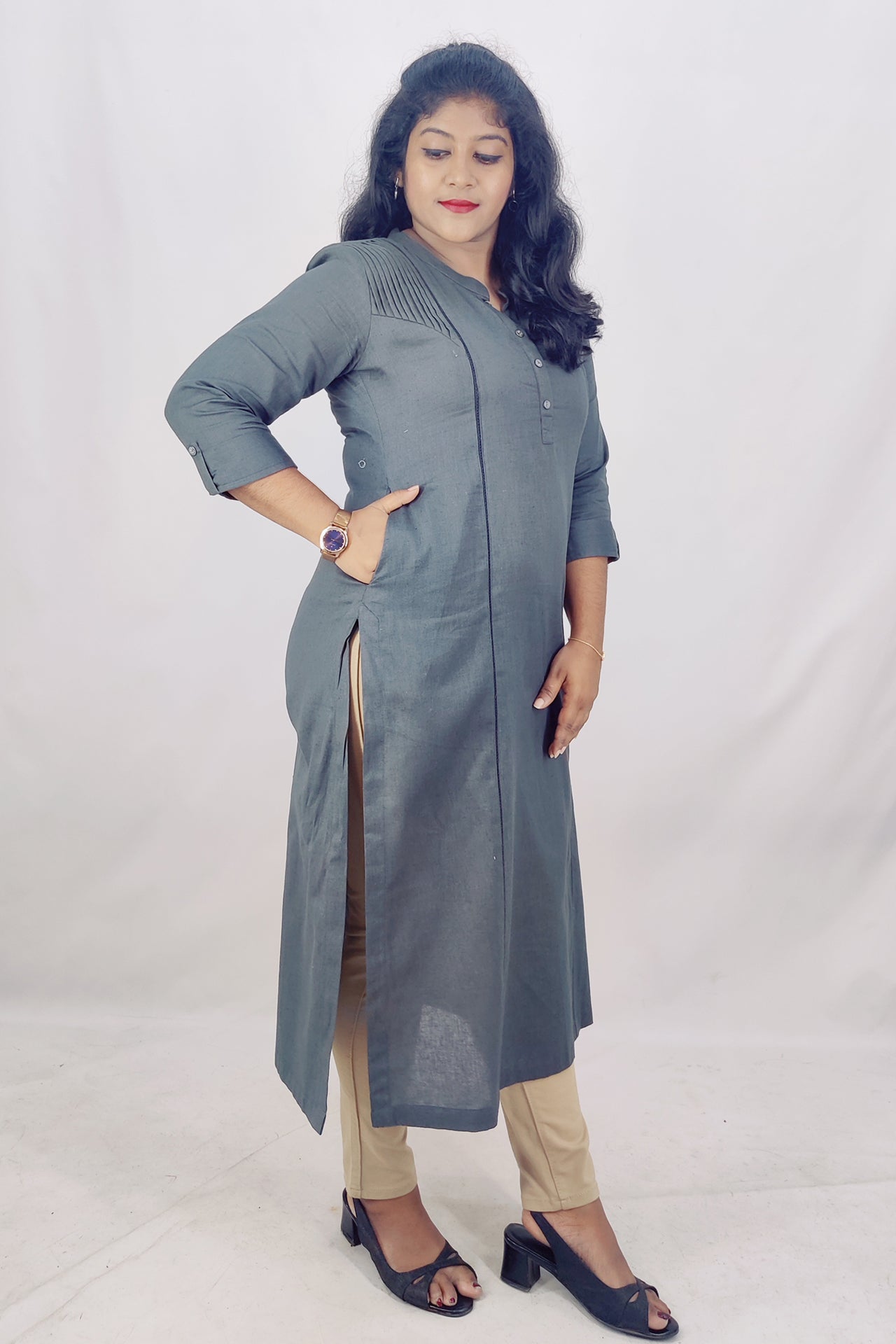 Cotton Flax Slitted Kurta