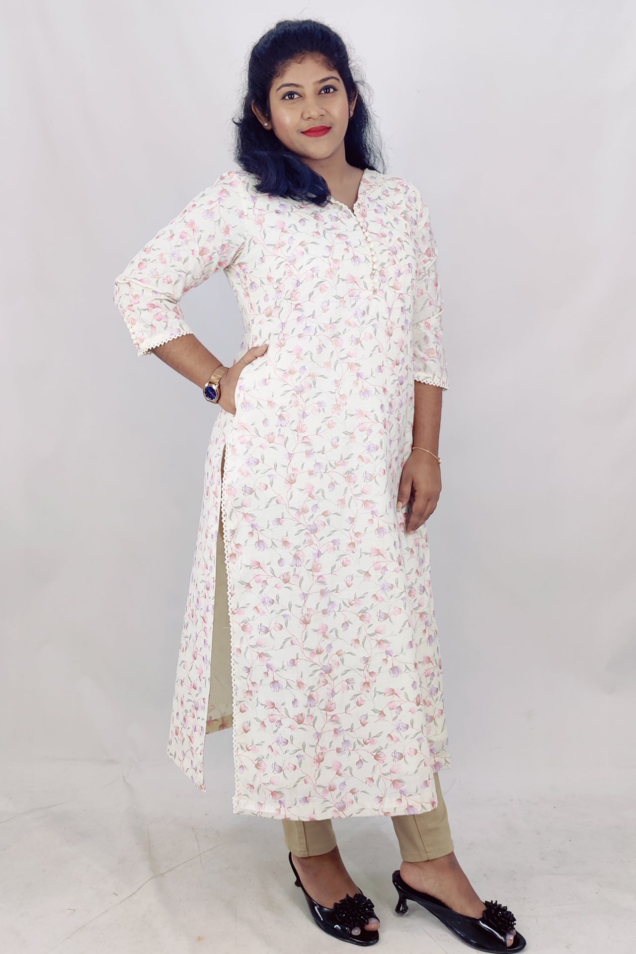 Poly Cotton Digital Printed Foil Slitted Kurta