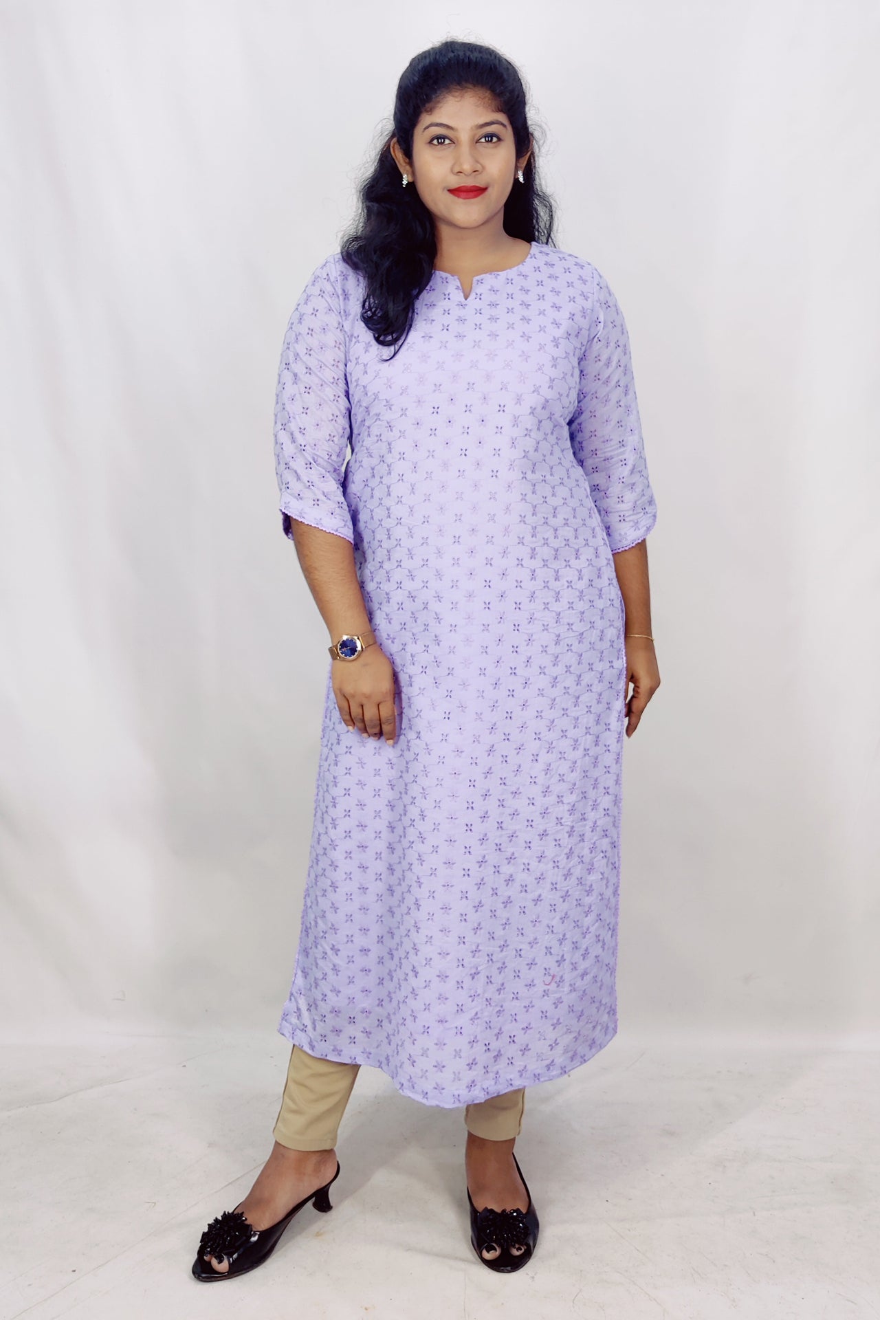 Cotton Schiffli Slitted Kurta