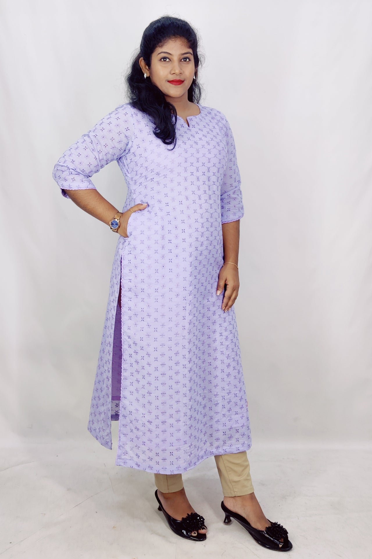 Cotton Schiffli Slitted Kurta