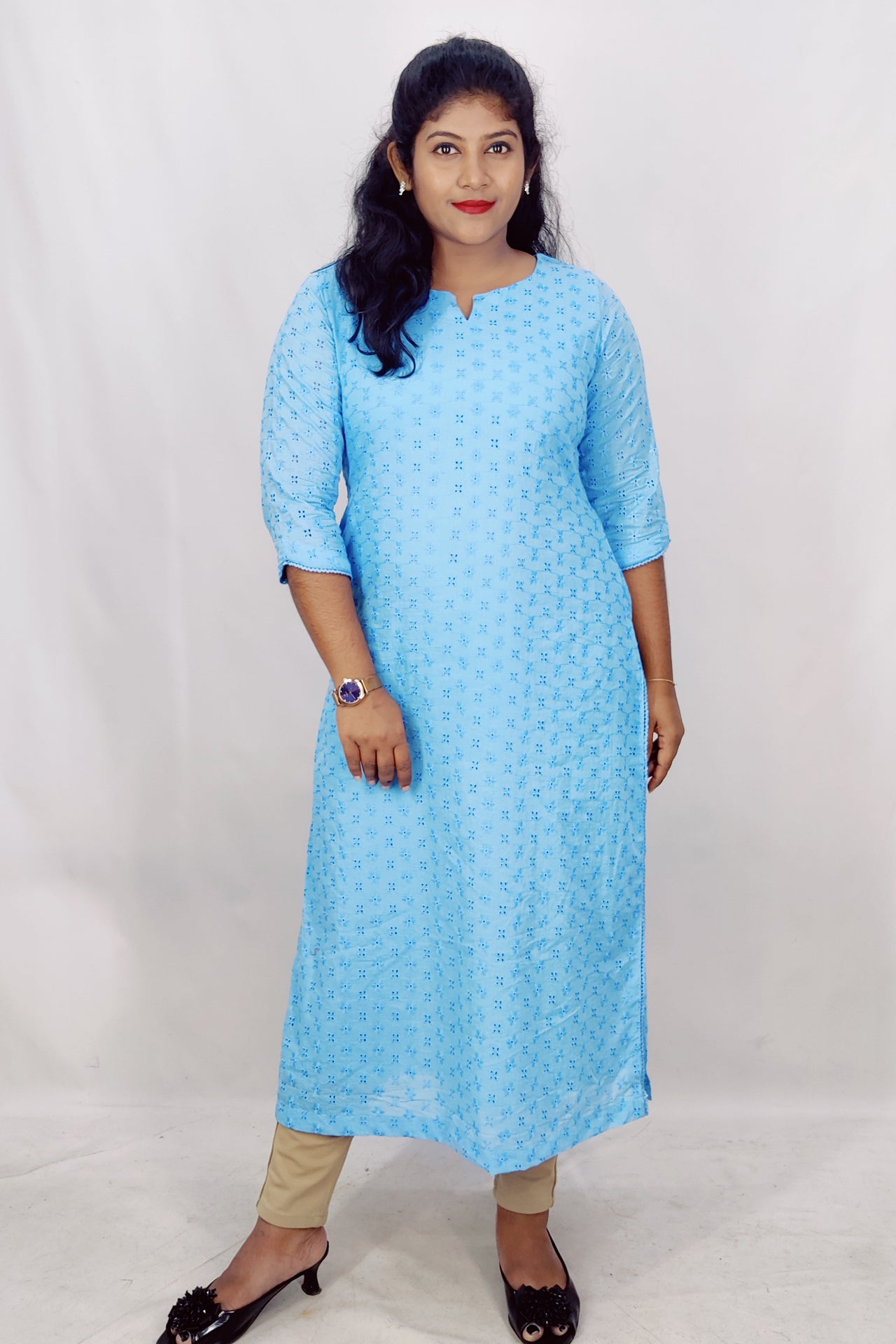 Cotton Schiffli Slitted Kurta