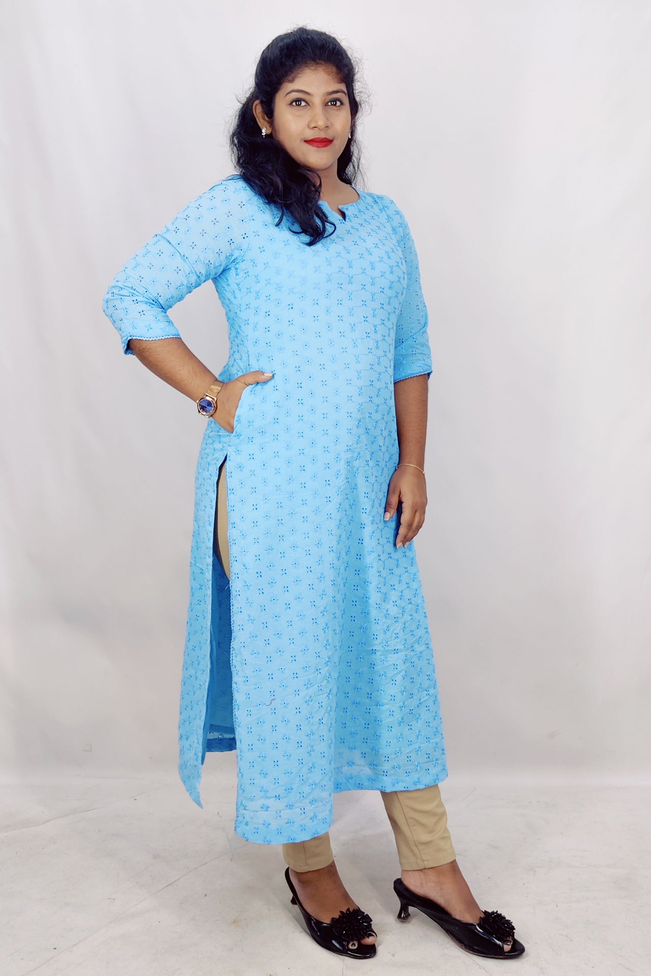 Cotton Schiffli Slitted Kurta