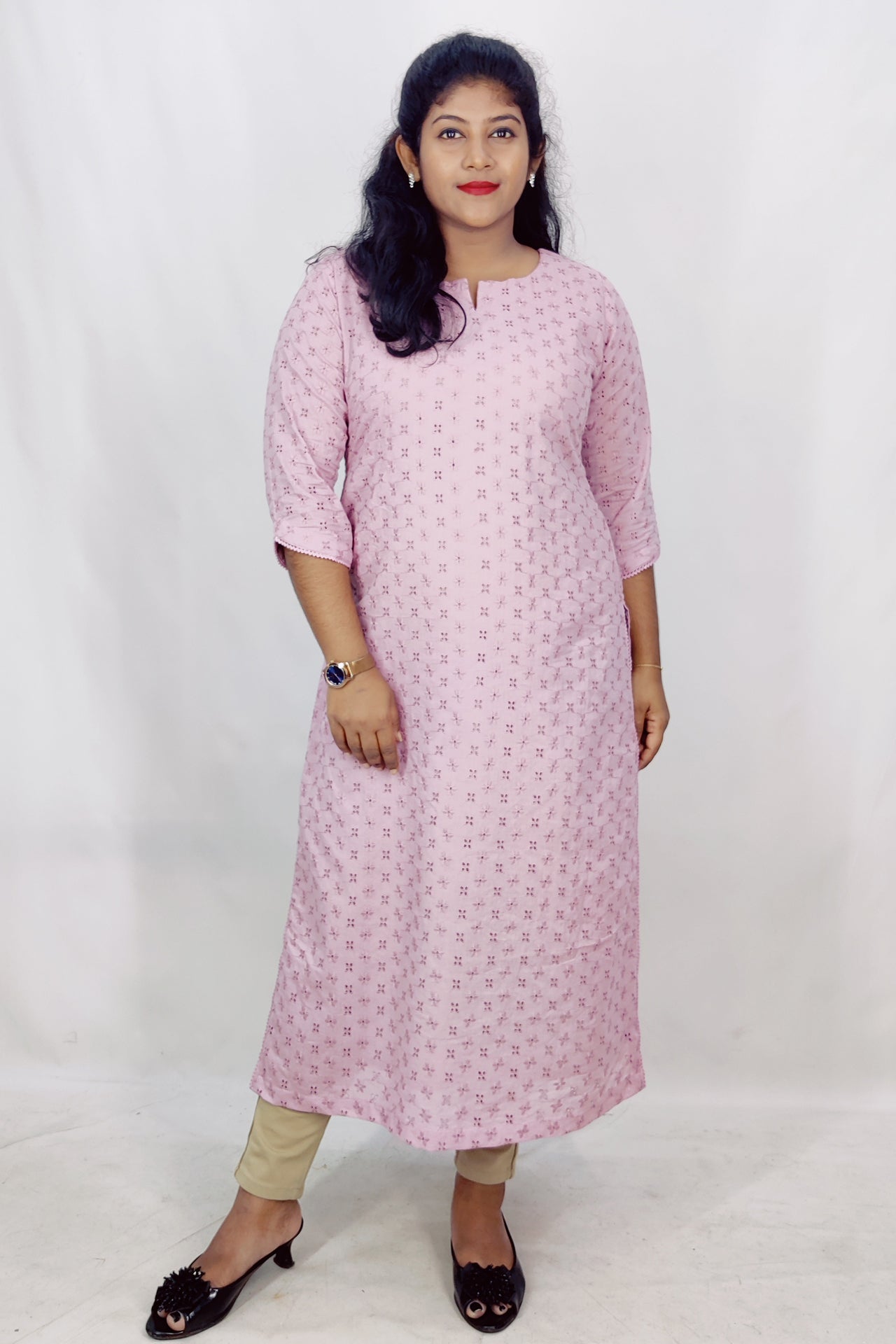 Cotton Schiffli Slitted Kurta