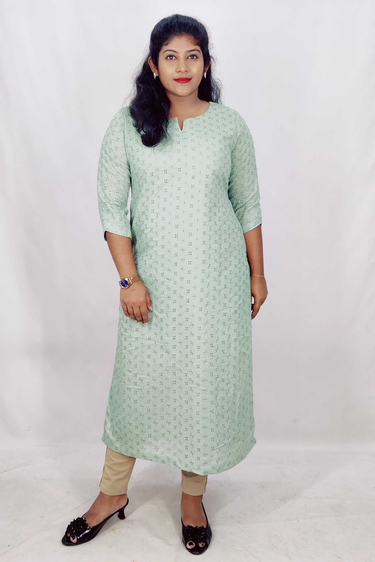 Cotton Schiffli Slitted Kurta