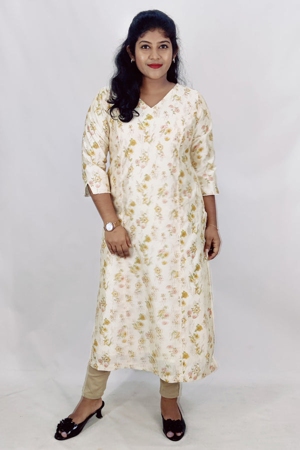 Chanderi Floral Printed Foil Slitted Kurta