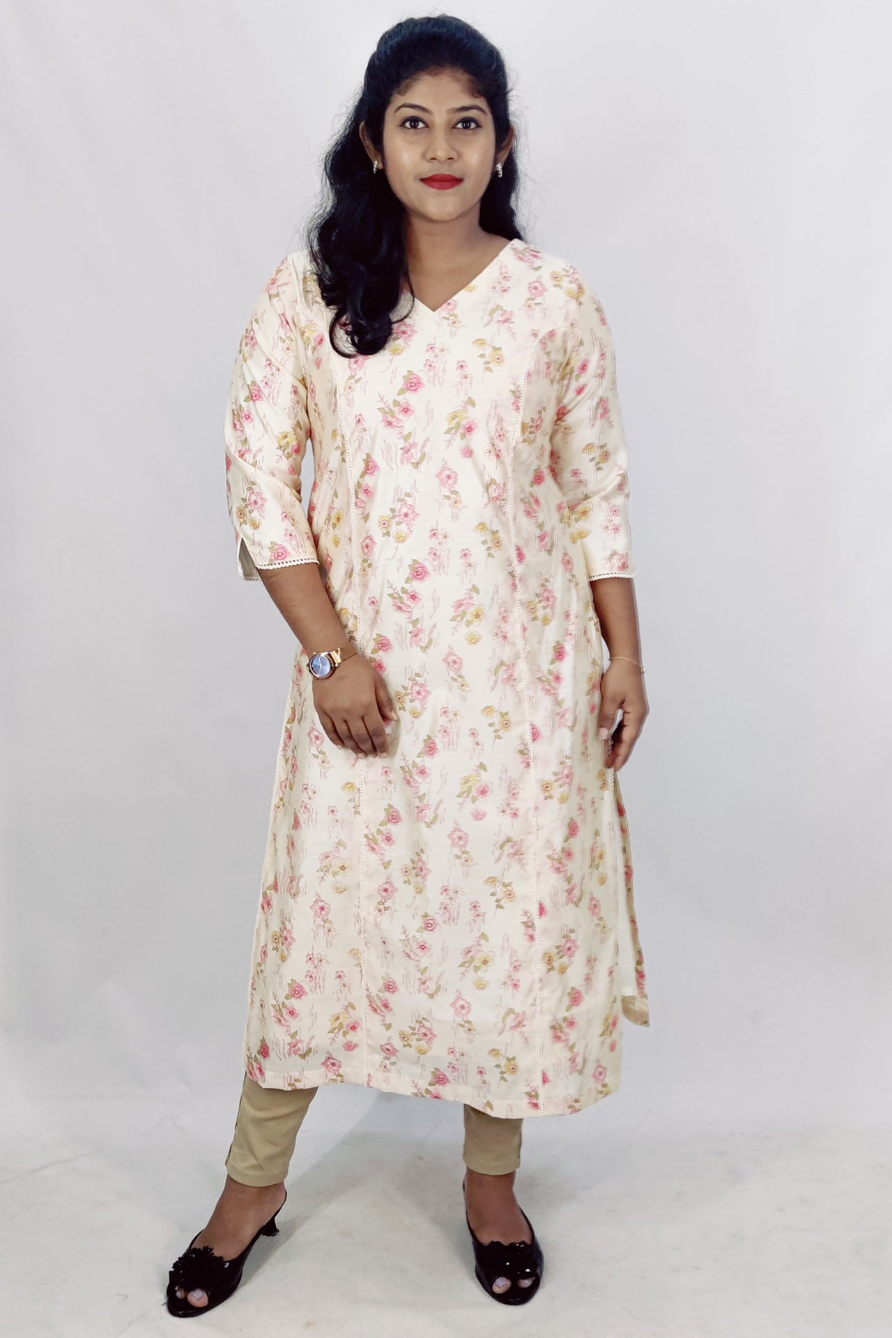 Chanderi Floral Printed Foil Slitted Kurta