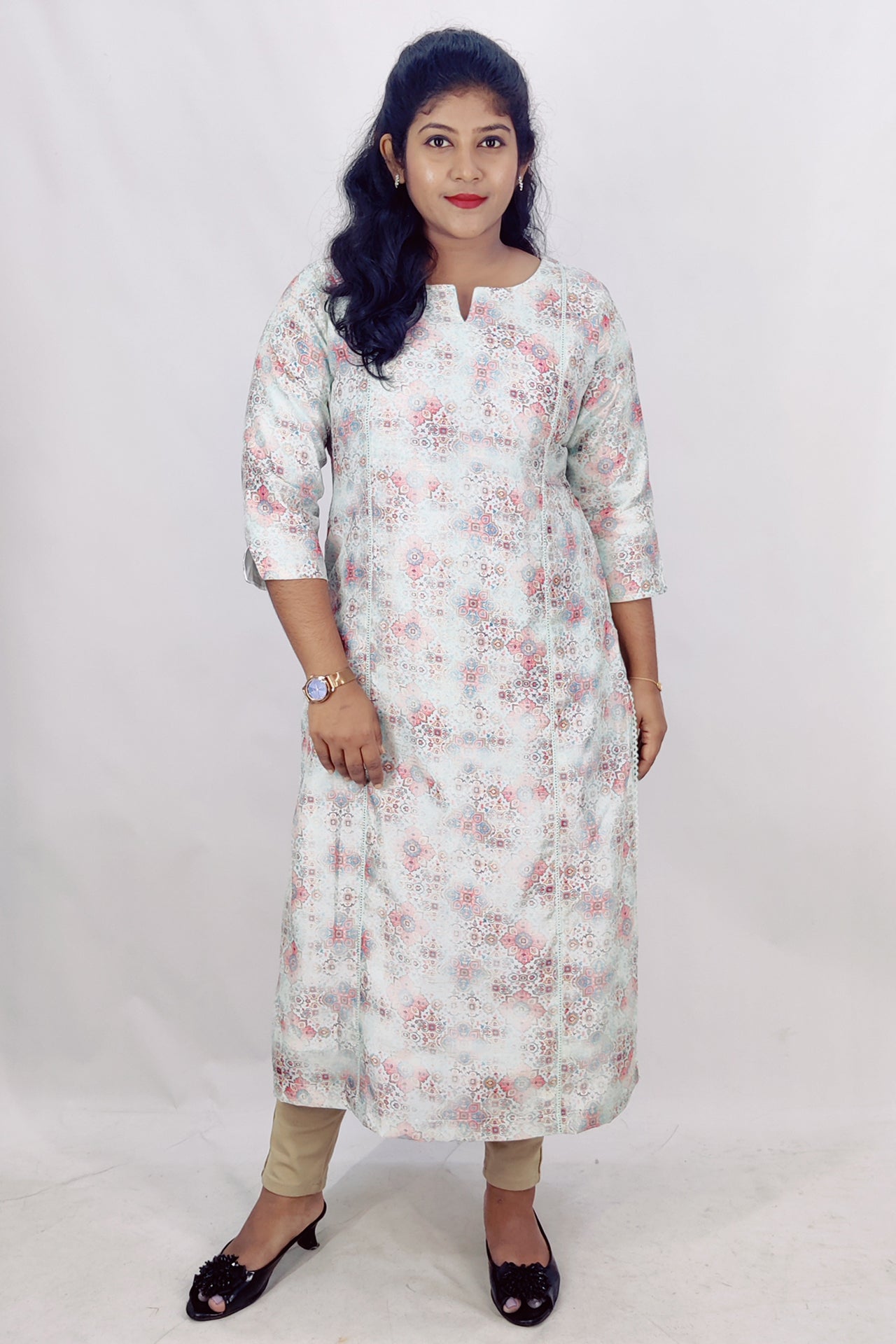 Chanderi Floral Printed Foil Slitted Kurta