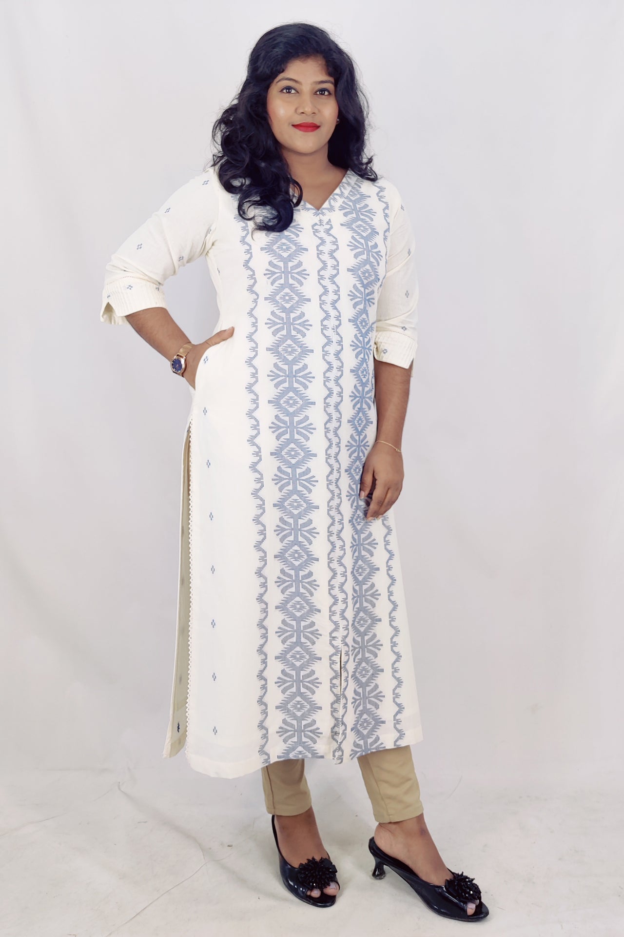 Cotton Self Designed Slitted Kurta