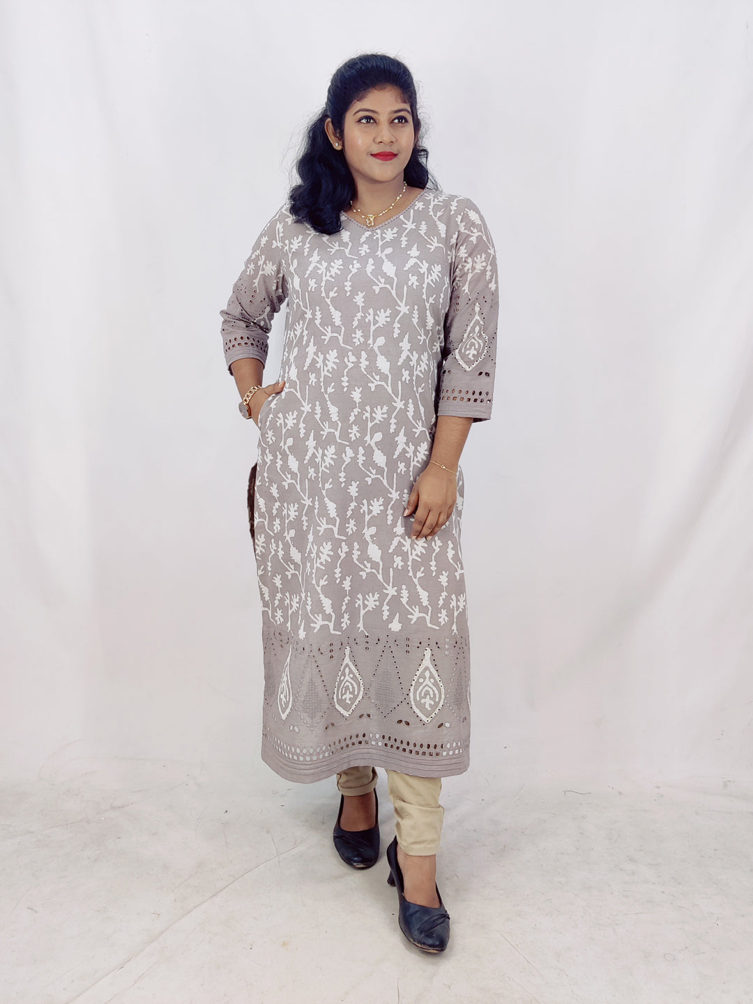 Cotton Handblock Print Cutwork Slitted Kurta