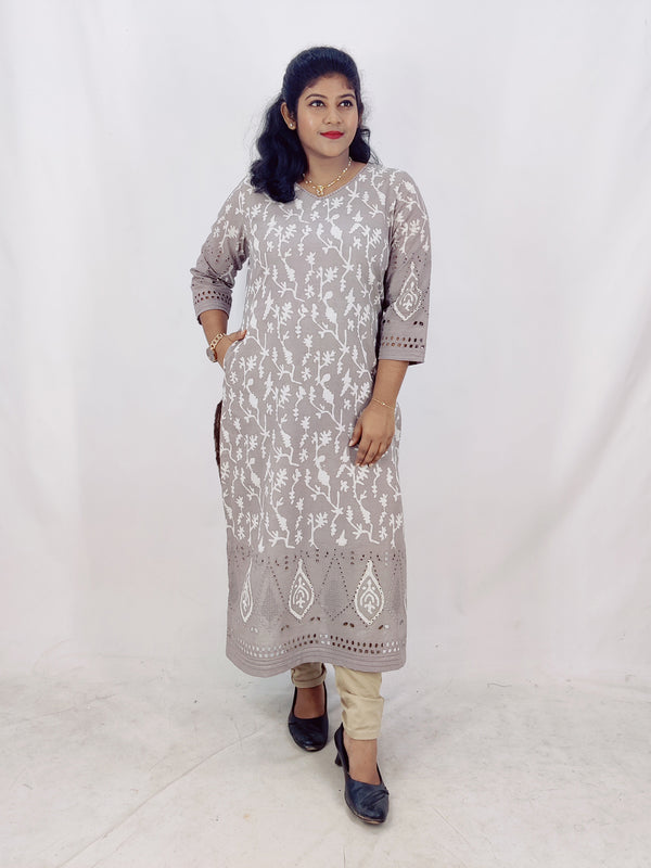 Cotton Handblock Print Cutwork Slitted Kurta