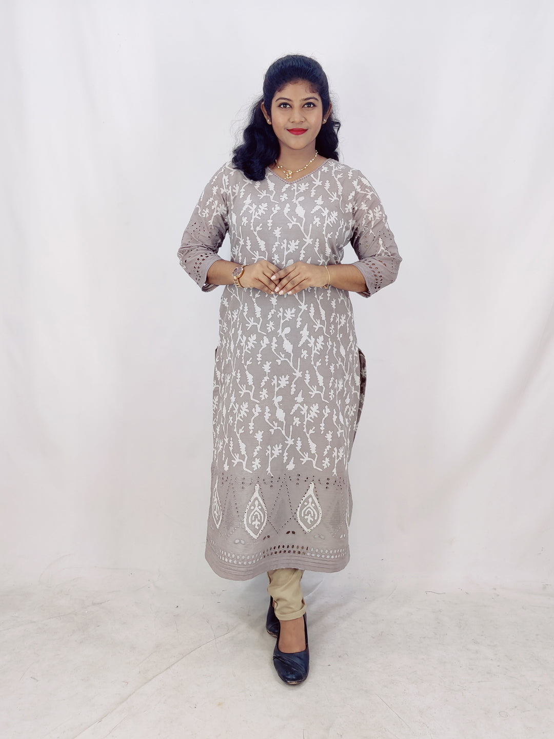 Cotton Handblock Print Cutwork Slitted Kurta