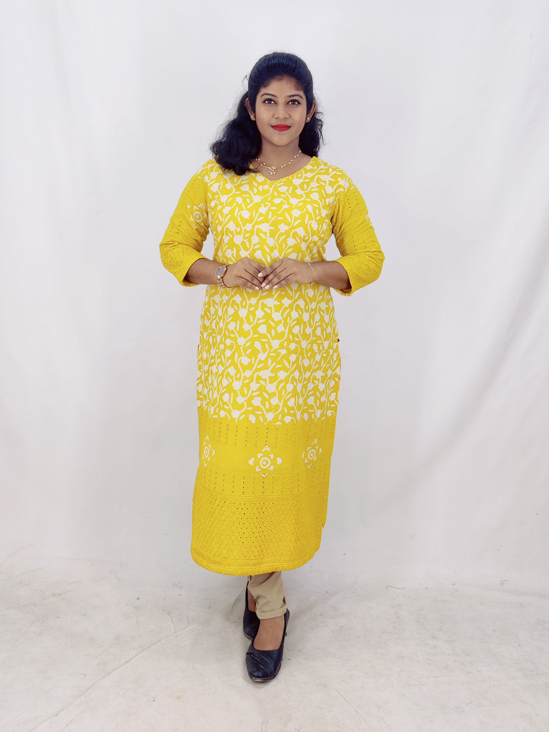 Cotton Handblock Print Cutwork Slitted Kurta