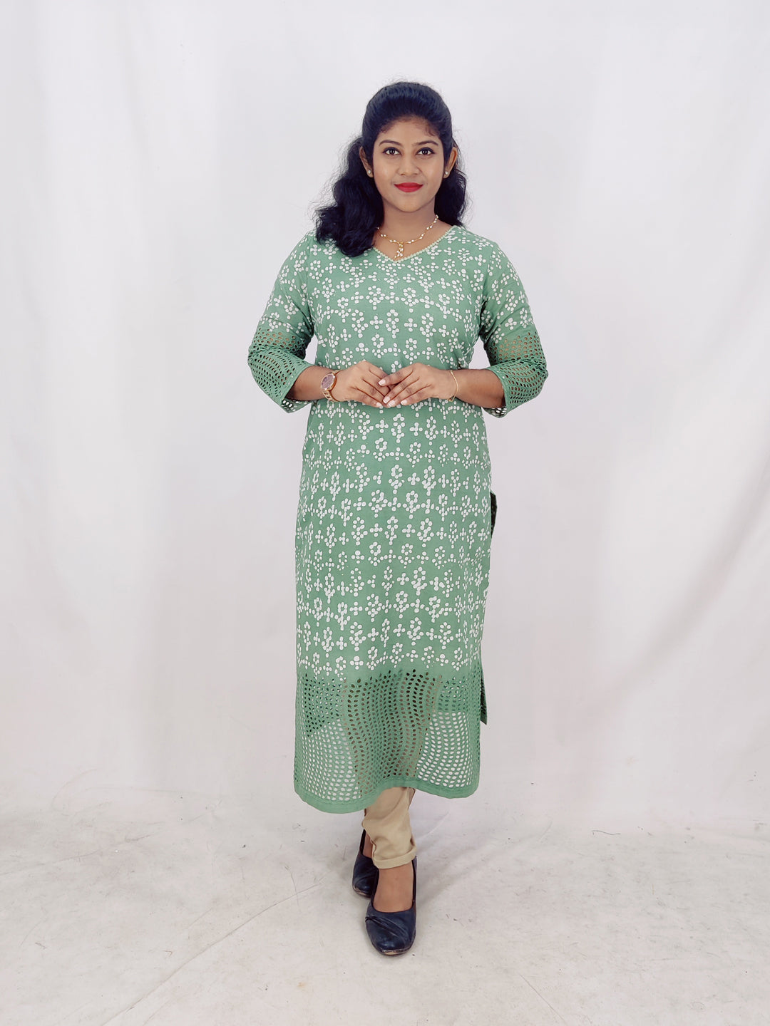 Cotton Handblock Print Cutwork Slitted Kurta