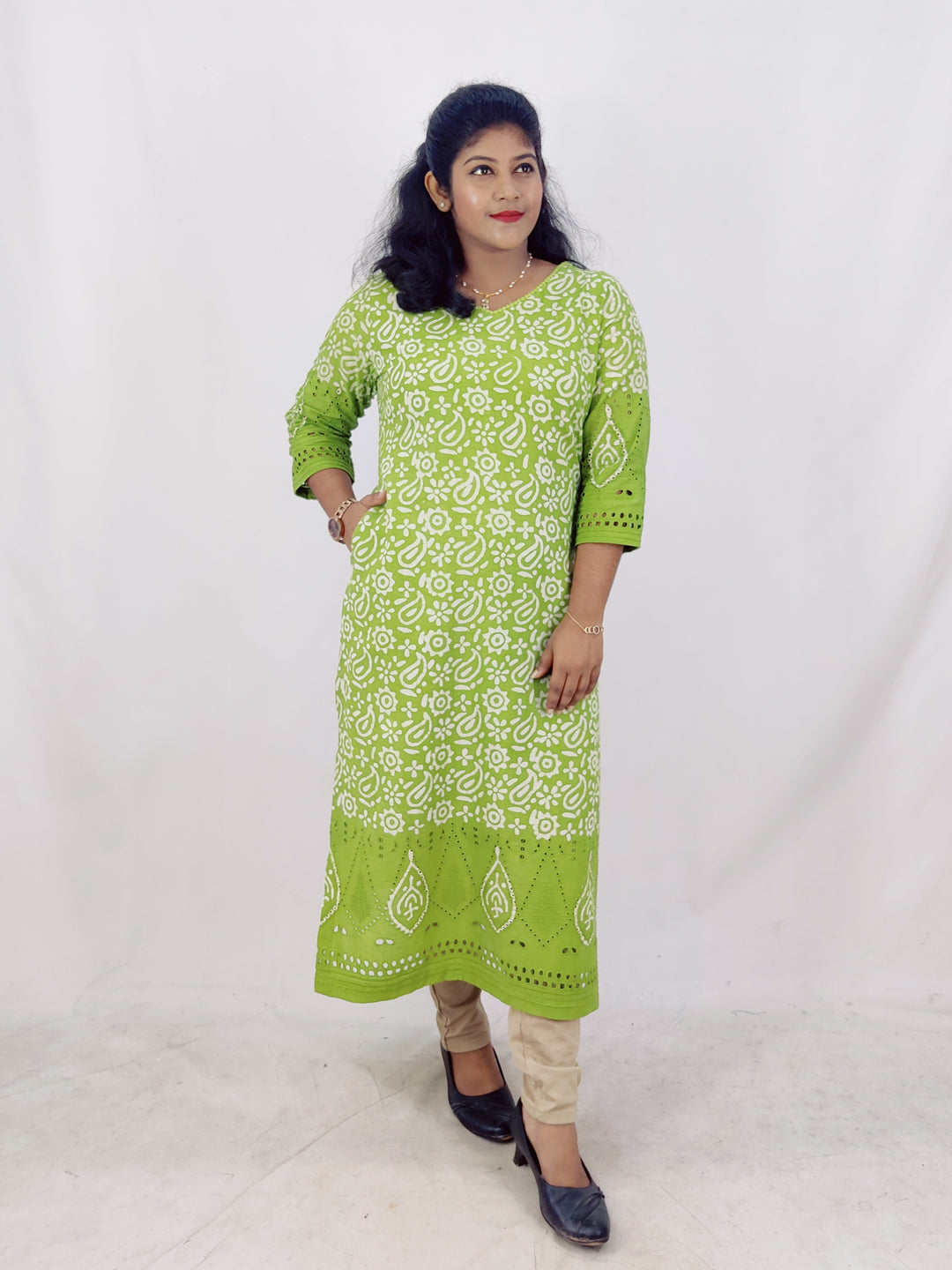Cotton Handblock Print Cutwork Slitted Kurta