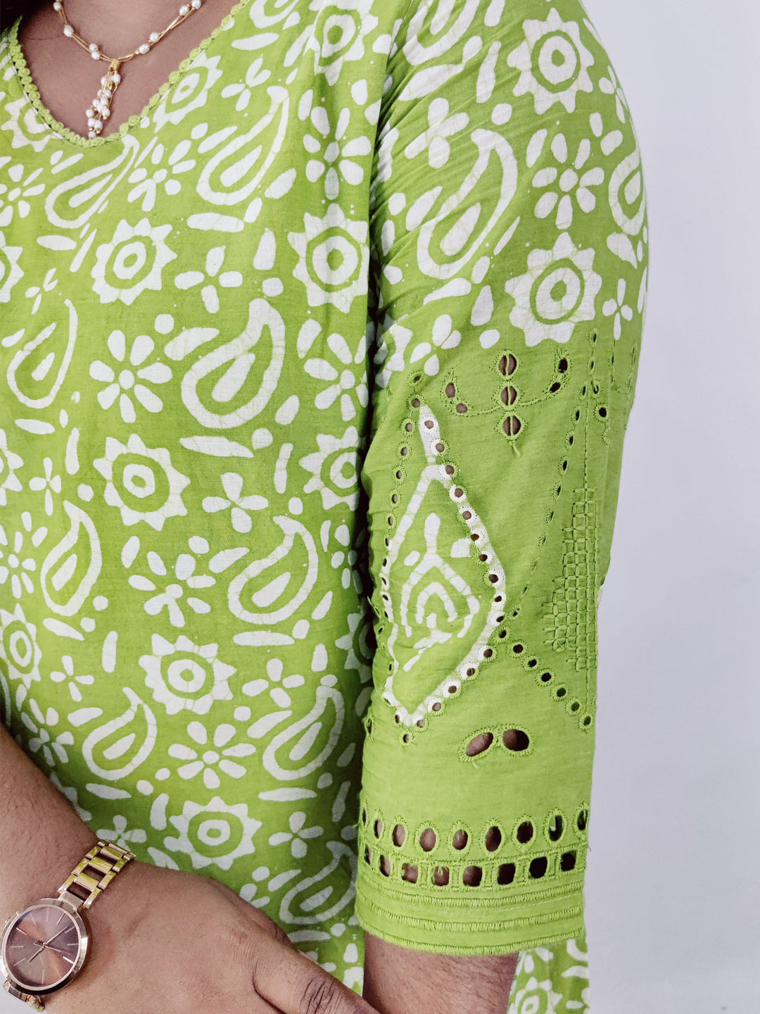 Cotton Handblock Print Cutwork Slitted Kurta
