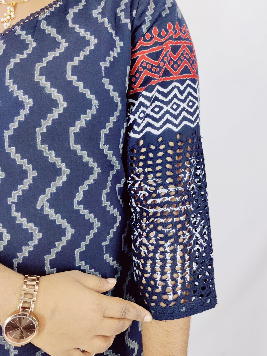 Cotton Handblock Print Cutwork Slitted Kurta