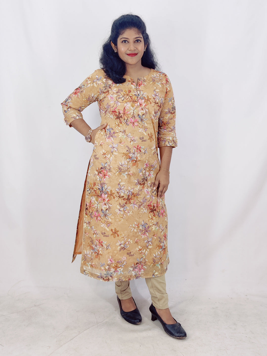 Cotton Organdi Floral Printed Straight Kurta